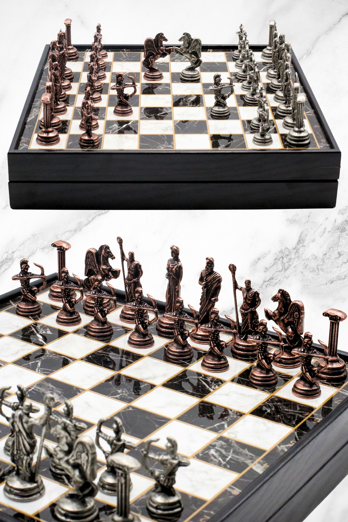 شطرنج ست فلزی برنز هدیه شخصی جعبه دار | 25 سانتی متر مرمر طرح اسطوره ای کماندار رومی Cooper Chess