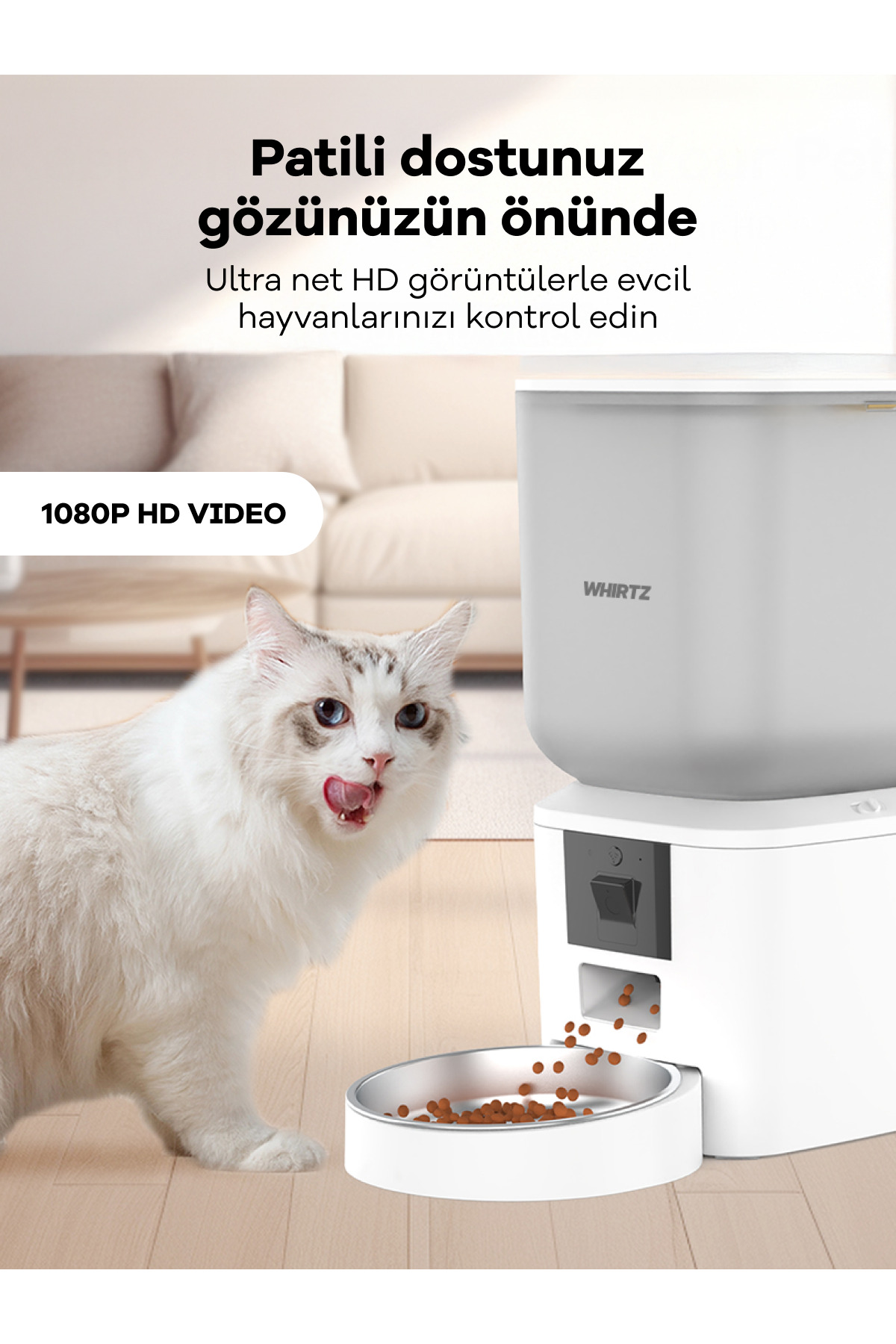 خوراک‌ریز خودکار حیوانات خانگی ویرتز Whirtz WR-PT-1001، ۷ لیتری، دوربین‌دار و دارای کنترل صدا