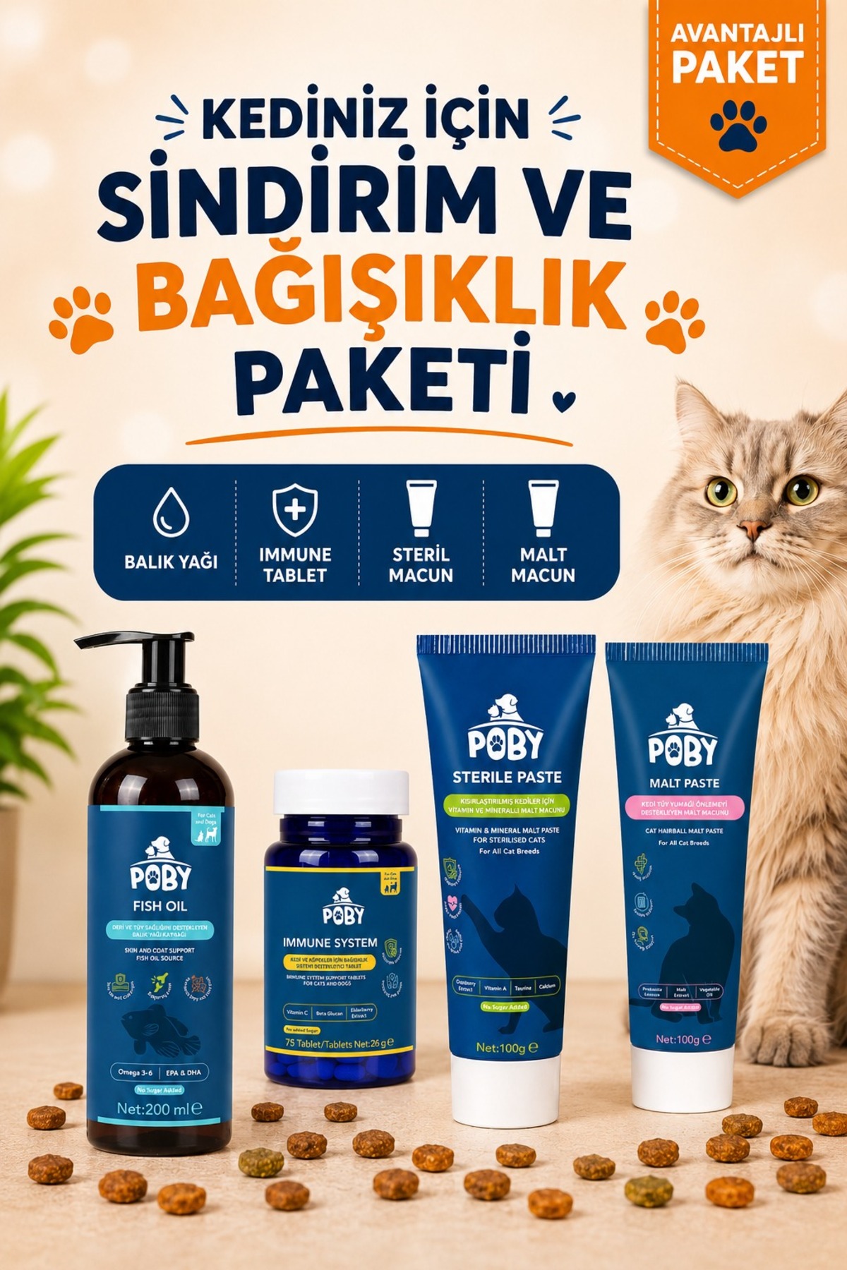 بسته مکمل گربه پوبی پت کلاب Poby Pet Club؛ روغن ماهی، قرص، مولتی‌ویتامین و خمیر