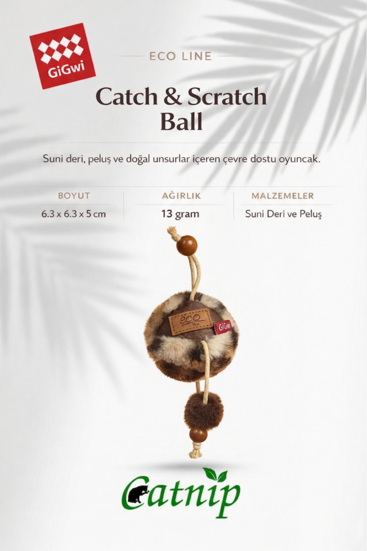 اسباب‌بازی توپ گربه حاوی کت‌نیپ Catch & Scratch Eco Line Ball، گیوی Gigwi مدل 9712، قهوه‌ای
