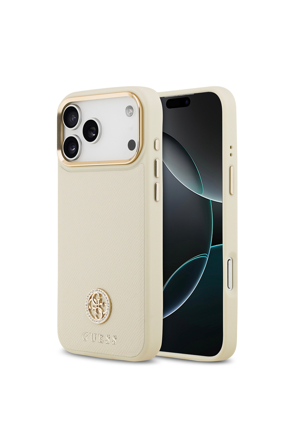 کاور و قاب جلد سازگار با IPHONE 17 PRO MAX دارای مجوز M SAFE GRAINED TEXT AND STONED 4G LOGO COVER BEIGE اورجینال Guess