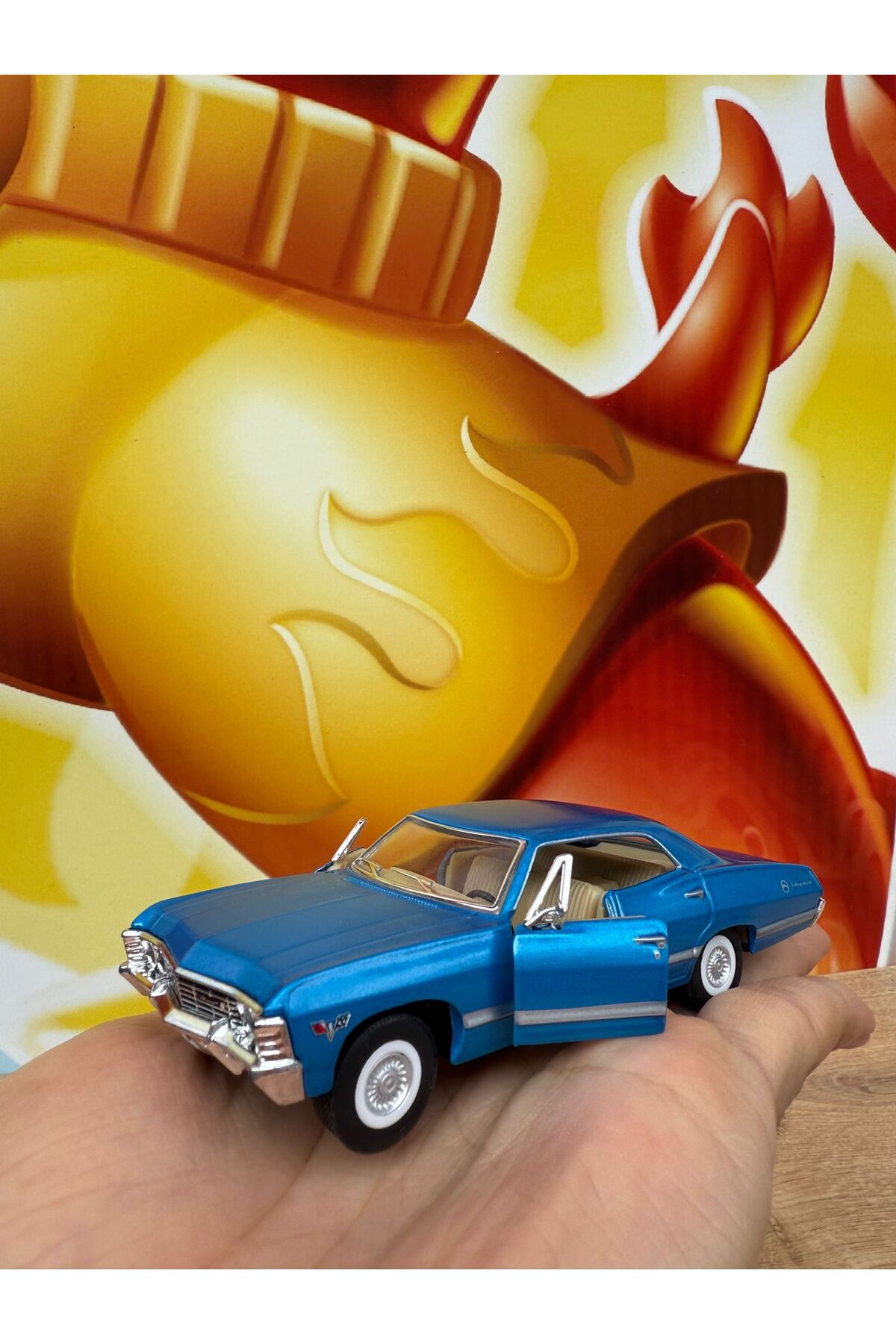 مدل خودرو PULL DROP 1967 CHEVROLET IMPALA BLUE DIECAST CAR CHEVY OPENING DOORS اورجینال scntoys