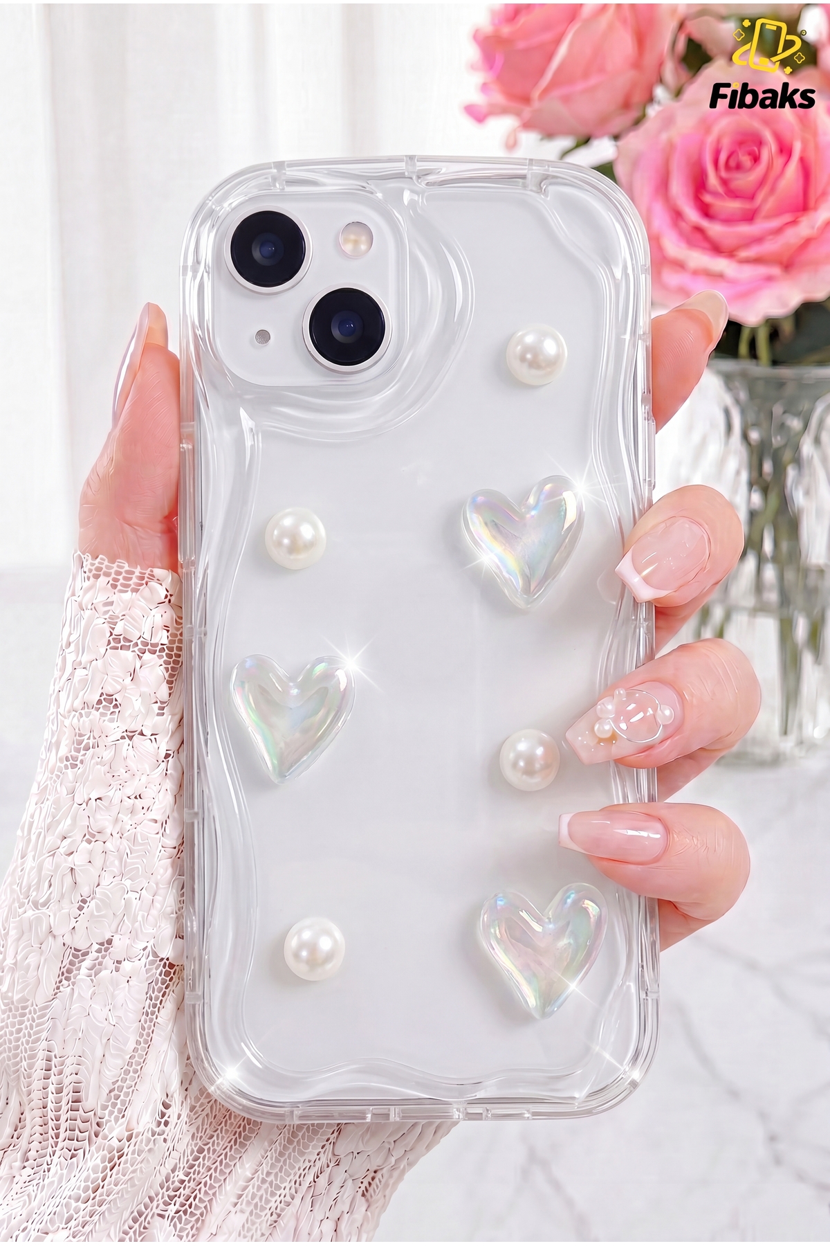 کاور و قاب APPLE IPHONE 14 PLUS 15 CASE 3D HEART PEARL طرح سیلیکون شفاف با محافظ دوربین فیبکس Fibaks