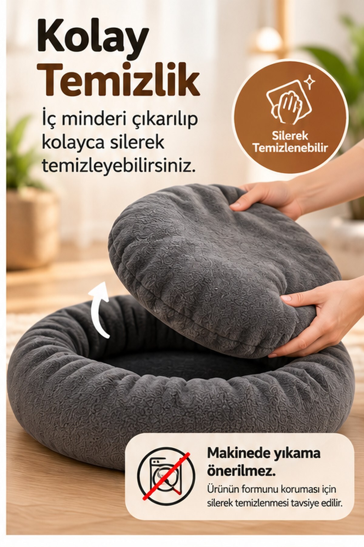 تخت گرد سگ و گربه کورتبای شکل Kurtbay Şekil، ۵۰×۵۰ سانتی‌متر، پارچه پولار خاکستری