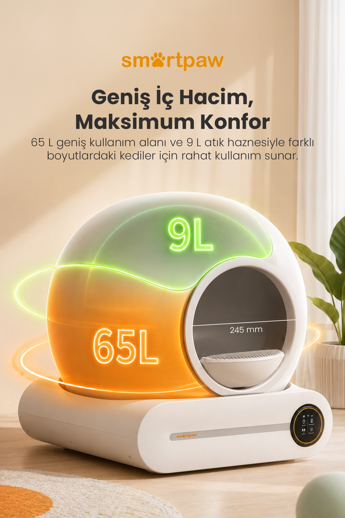 توالت گربه هوشمند و خودکار اسمارت‌پا SMARTPAW Nova Cat PRO، مدل MSP-01، با گنجایش ۶۵ لیتر و مخزن زباله ۹ لیتری
