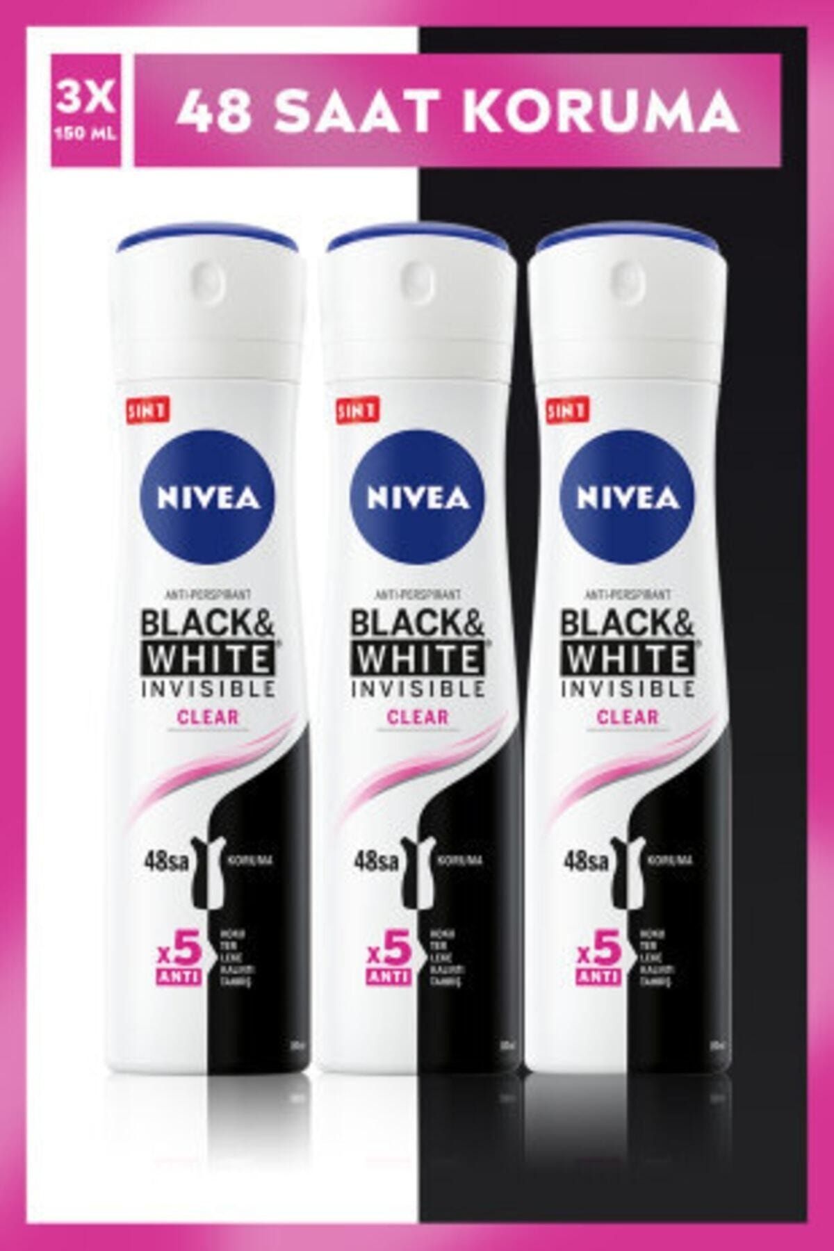 NIVEA اسپری ضد تعریق زنانه شفاف سیاه و سفید نامرئی 150 میلی لیتر، حفاظت ضد تعریق 48 ساعته