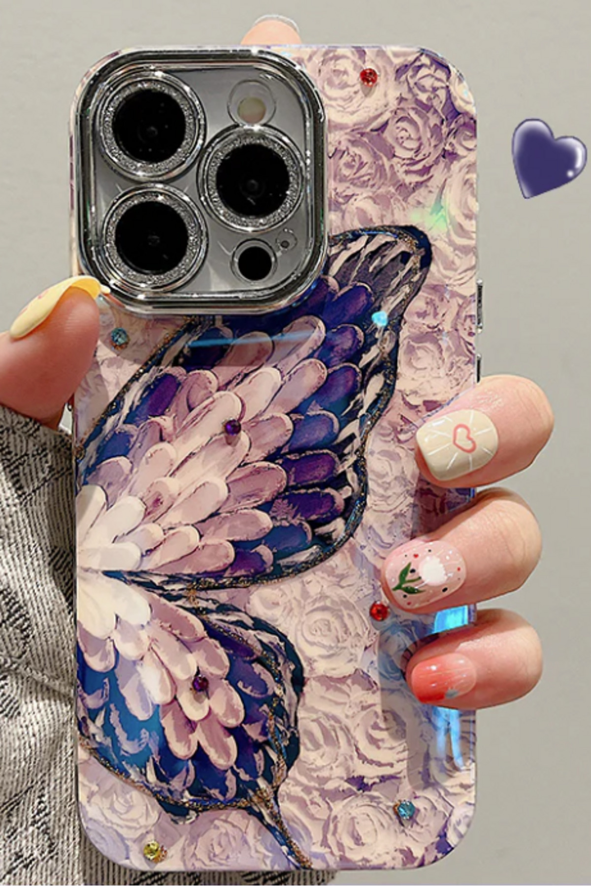 کاور و قاب محافظ لنز دوربین سنگی TRANSITION COLOR CASE IPHONE 16 PRO MAX ضربه گیر با طرح پروانه بنفش نقره ای فیبکس Fibaks
