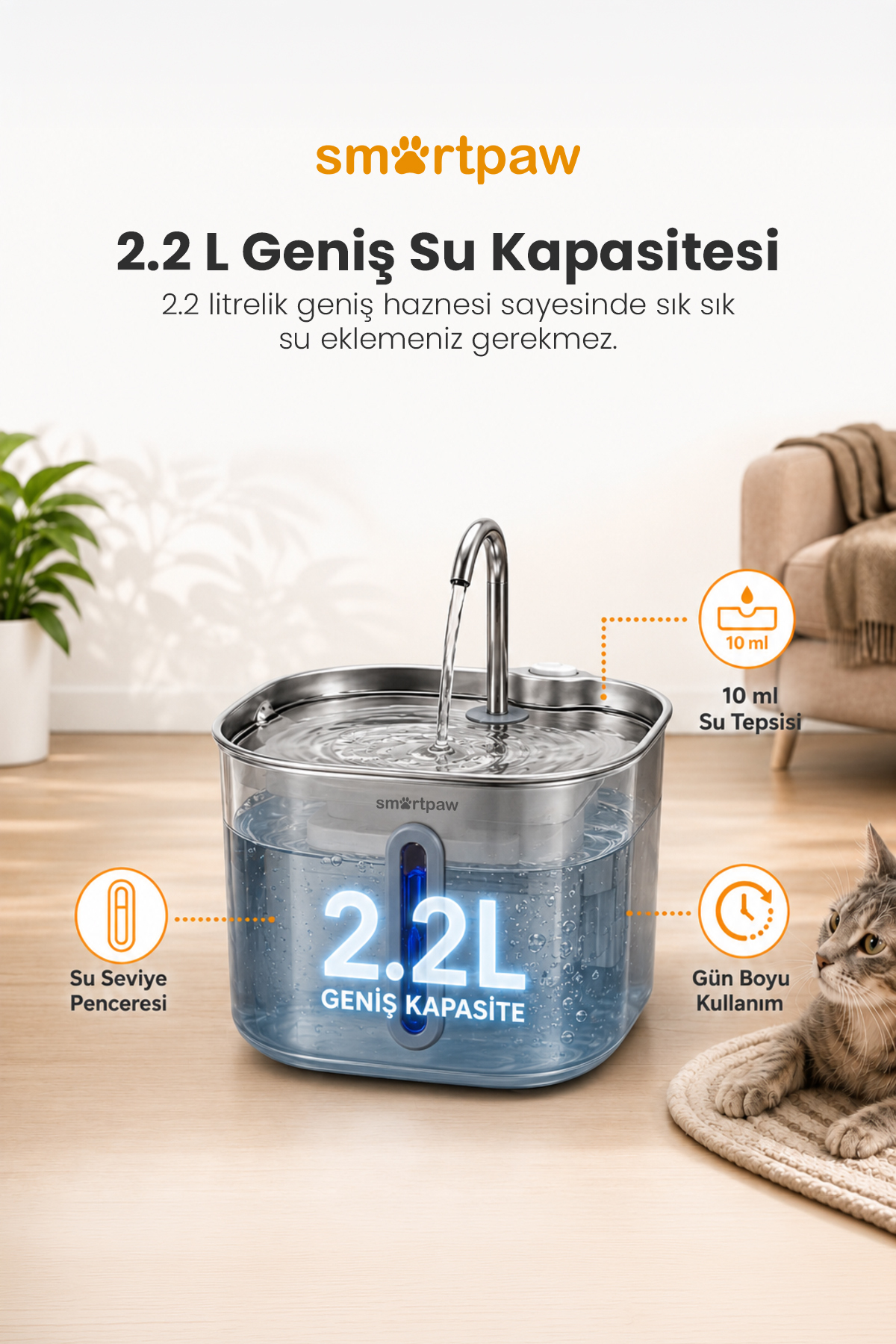 آب‌نمای آب‌خوری گربه اسمارت‌پا SMARTPAW Aqua Prime، مدل pwl148b، ۲٫۲ لیتری، استیل ضدزنگ 304 با نشانگر LED