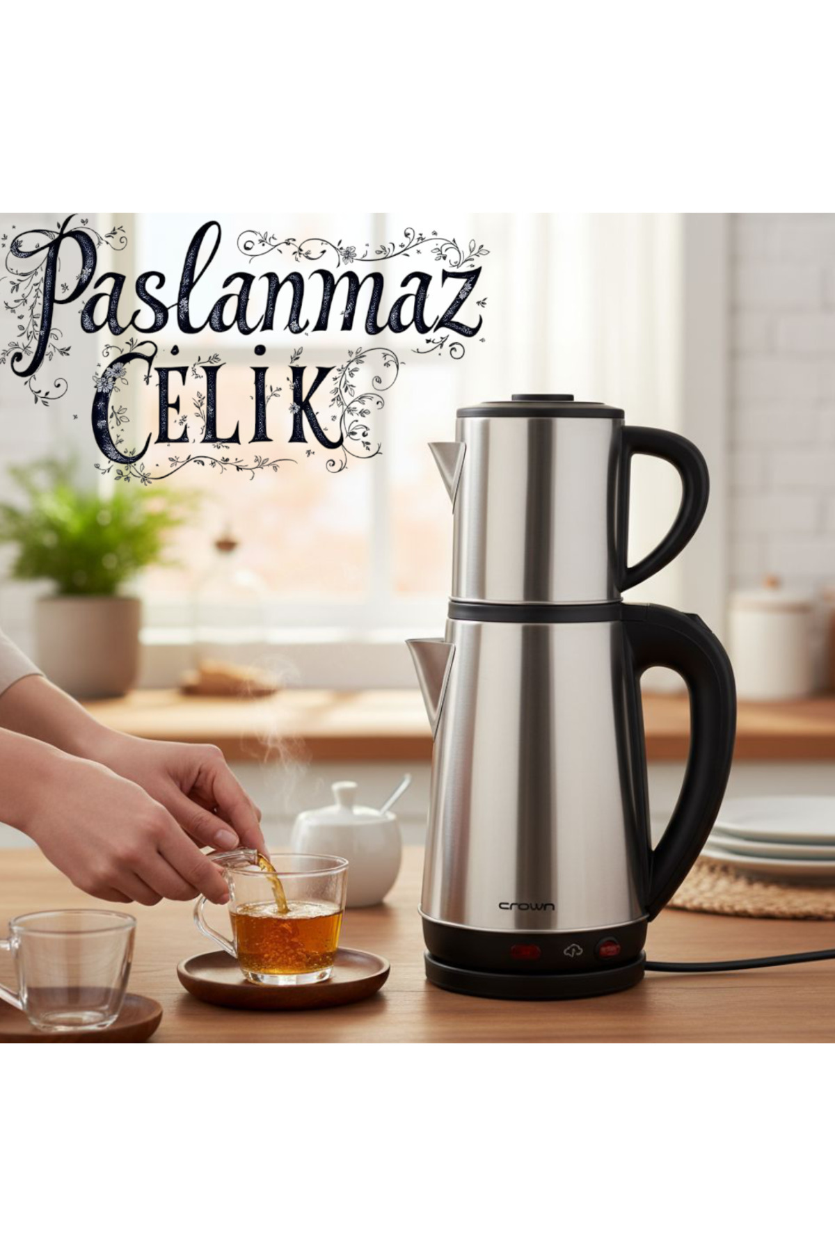 چای ساز ست قوری استیل برقی CRWN کتری ترکی 1800 واتی اورجینال Chermik