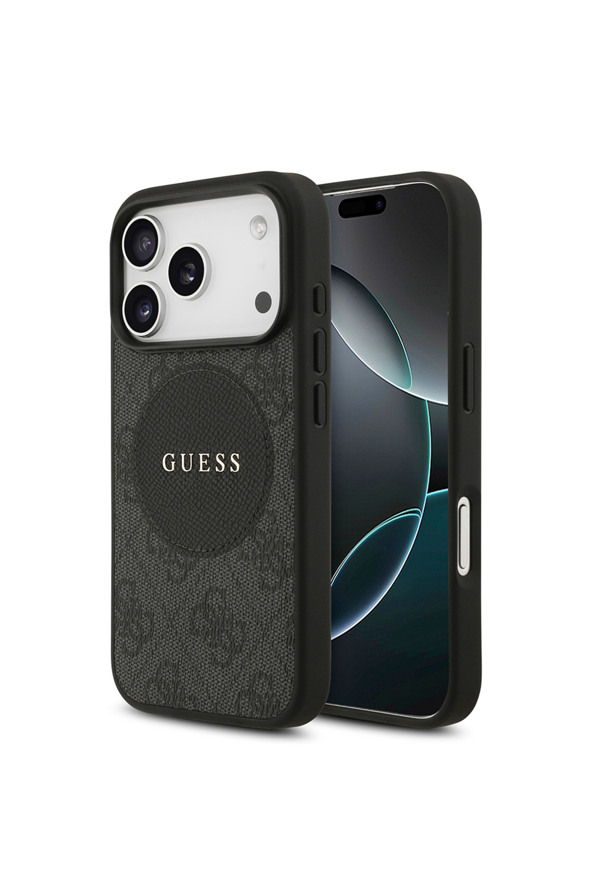 کاور و قاب سازگار با IPHONE 17 PRO کلاسیک دایره ای دارای مجوز M SAFE اصلی لوگوی متنی مشکی اورجینال Guess