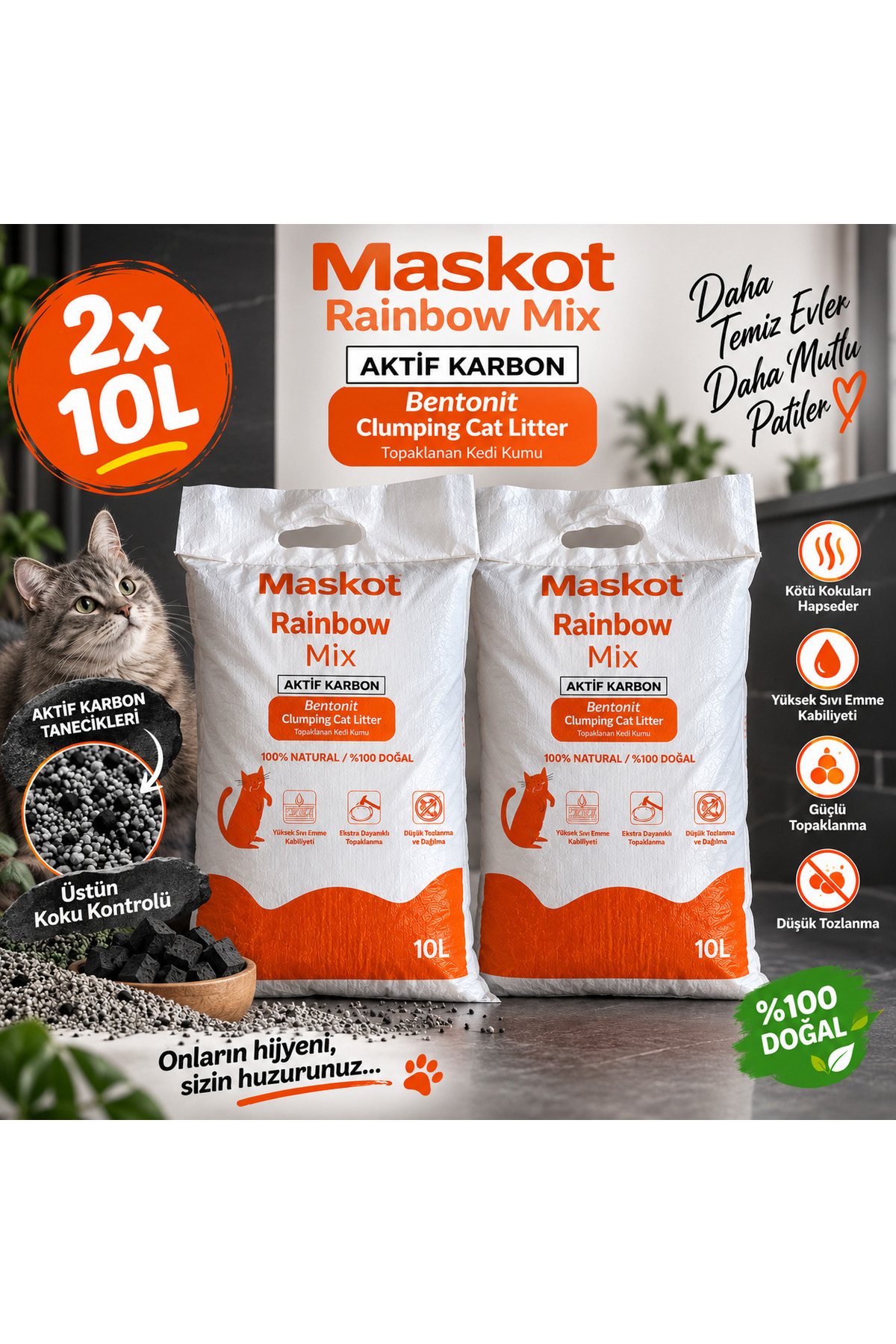 خاک گربه بنتونیتی با کربن فعال ماسکوت Maskot، بسته ۲ عددی