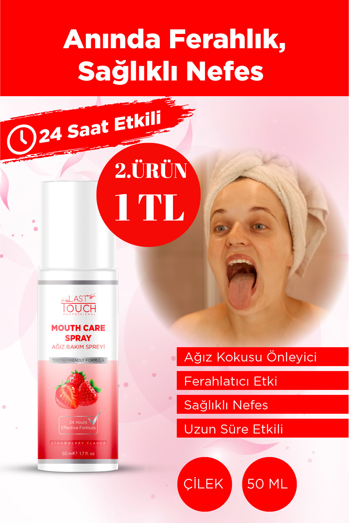 اسپری خوشبو کننده دهان مدل Nefes Tazeleyici حجم 50 میلی لیتر با رایحه توت فرنگی LAST TOUCH