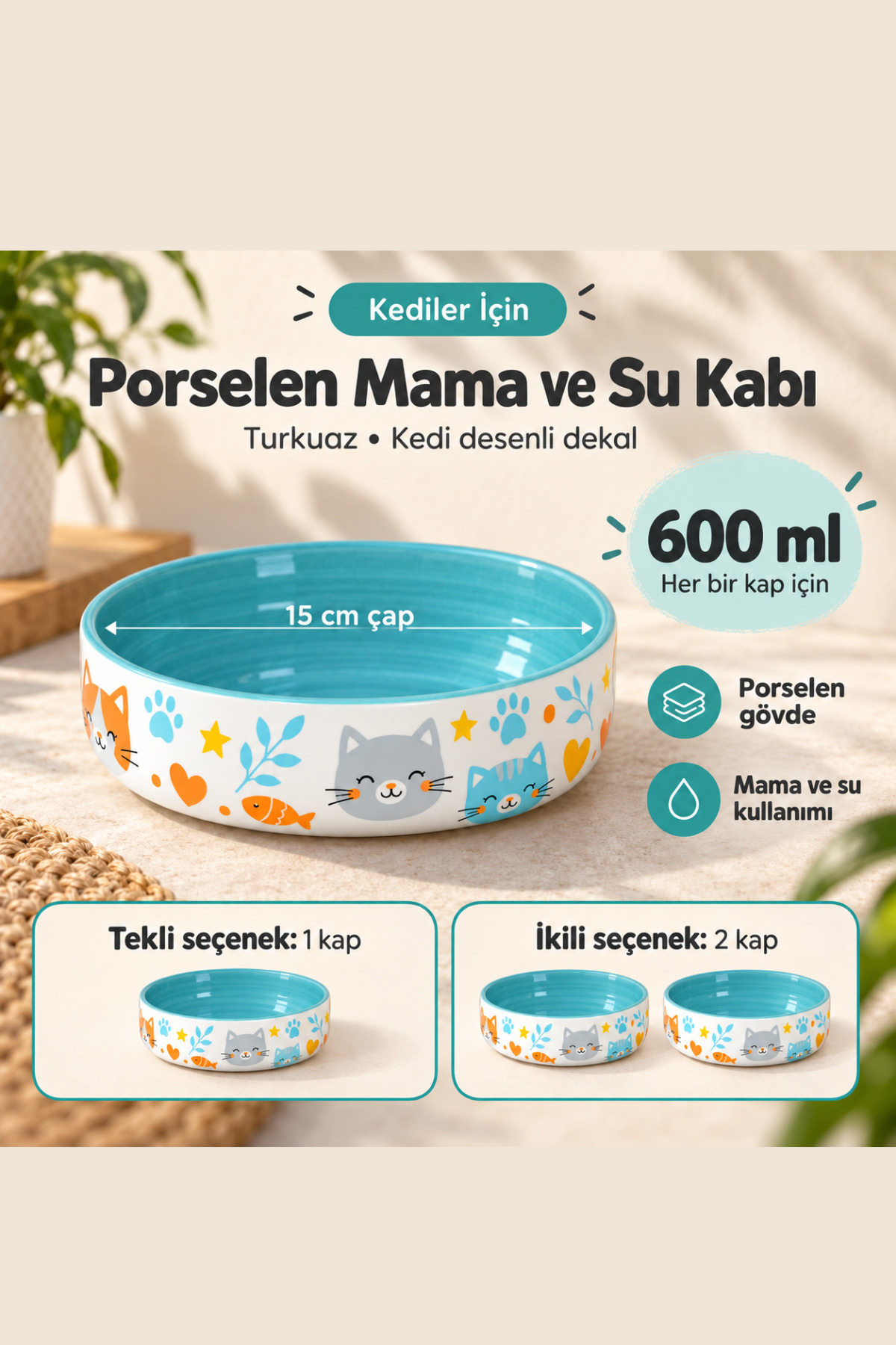 کاسه غذا و آب گربه و سگ پاویچی Pawicci مدل Dekal-Tekli، چینی، ۶۰۰ میلی‌لیتری، فیروزه‌ای