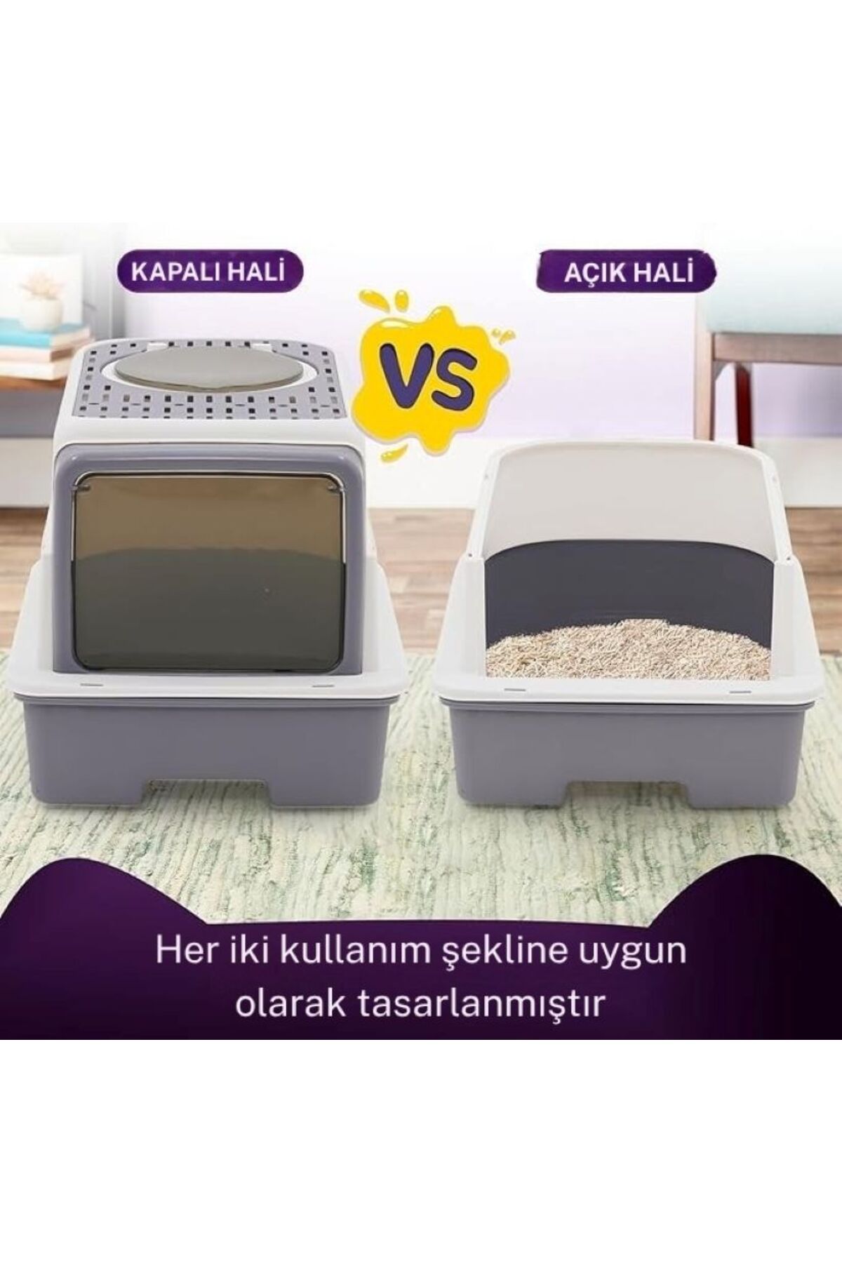 توالت گربه سرپوشیده تک‌تیک TechTic مدل MKKDBYTVGR، بزرگ و خاکستری، با خروجی از بالا و کشو