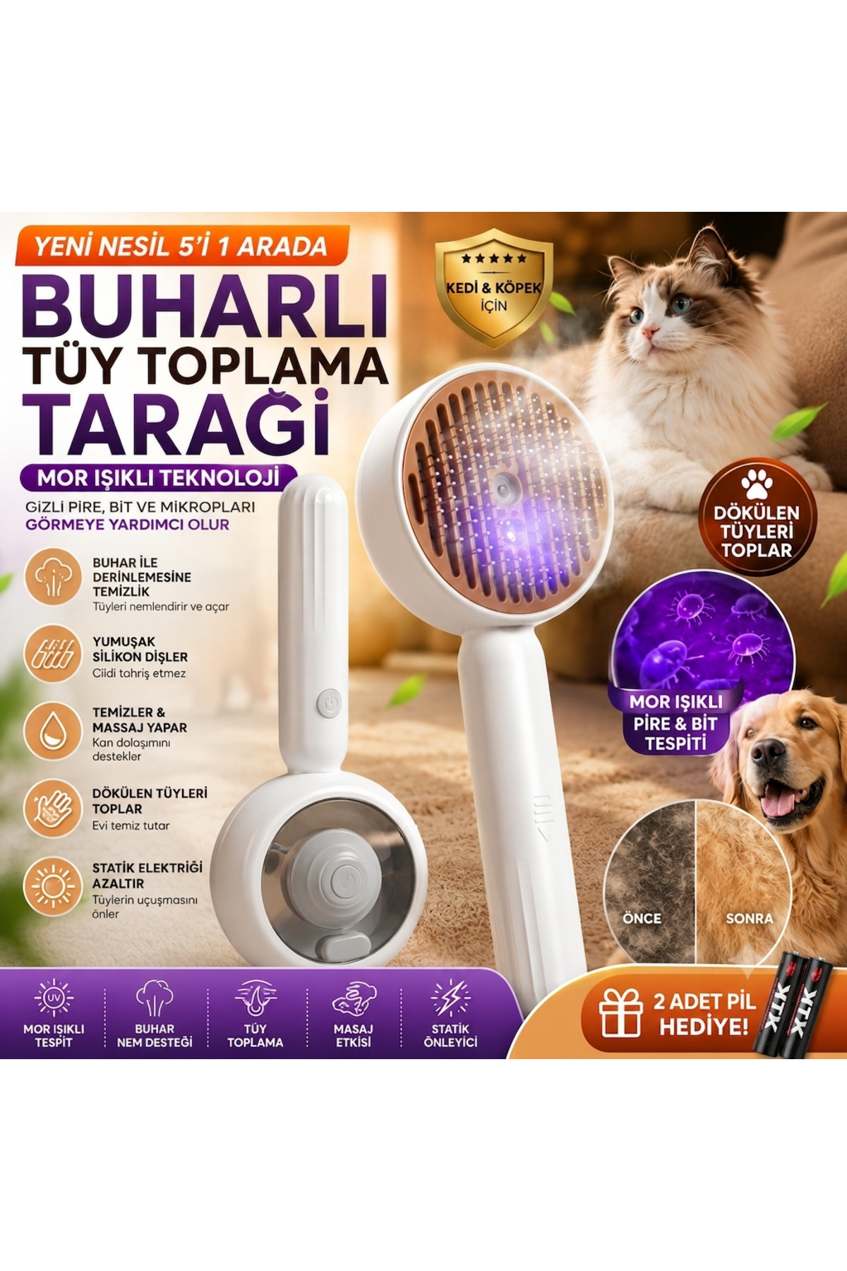 برس بخاردار جمع‌آوری مو برای گربه و سگ هایال پاتی‌شاپ HAYAL PATİSHOP مدل HYL-BHRLTRK-01