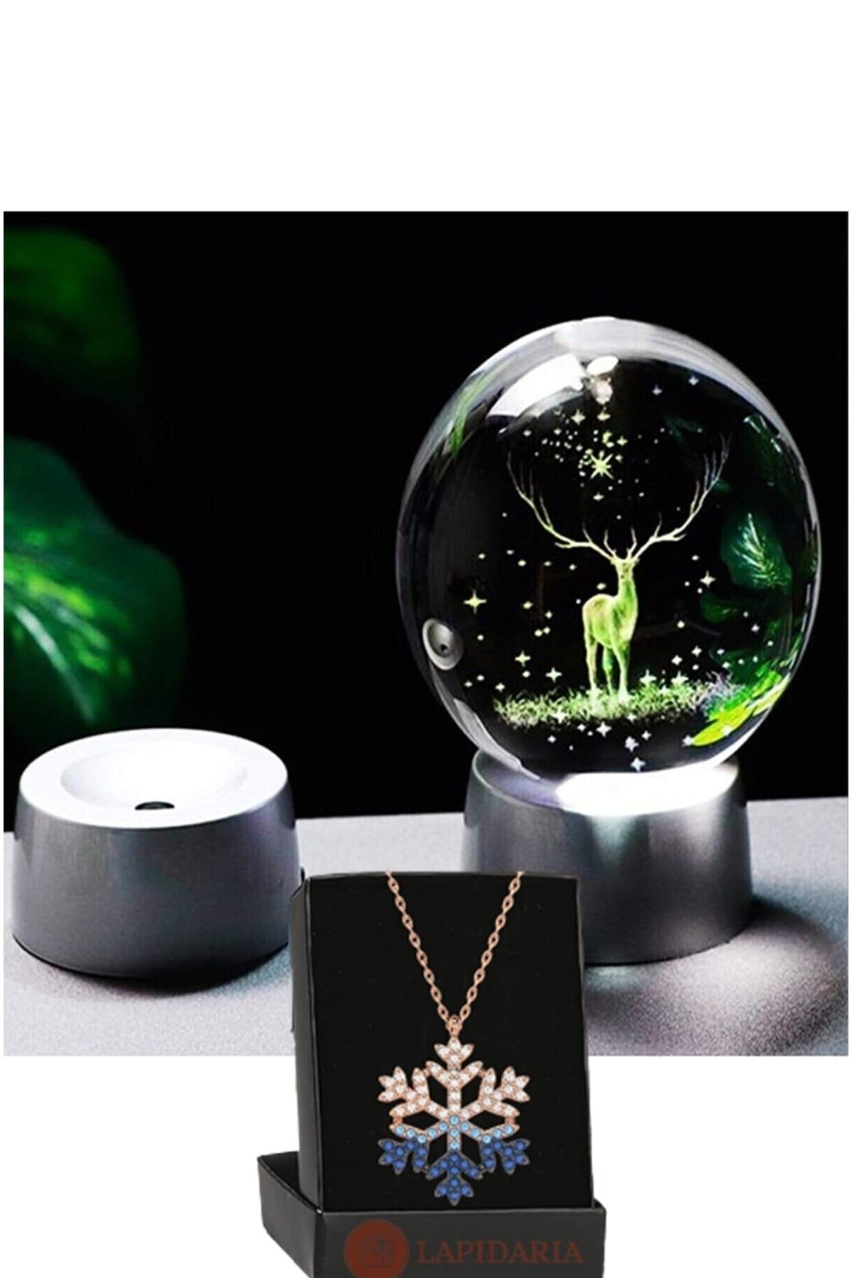 گوی برفی گلوب شیشه ای روشن سه بعدی LED با تم گوزن و گردنبند دانه برف آبی از ترکیه Lapidaria