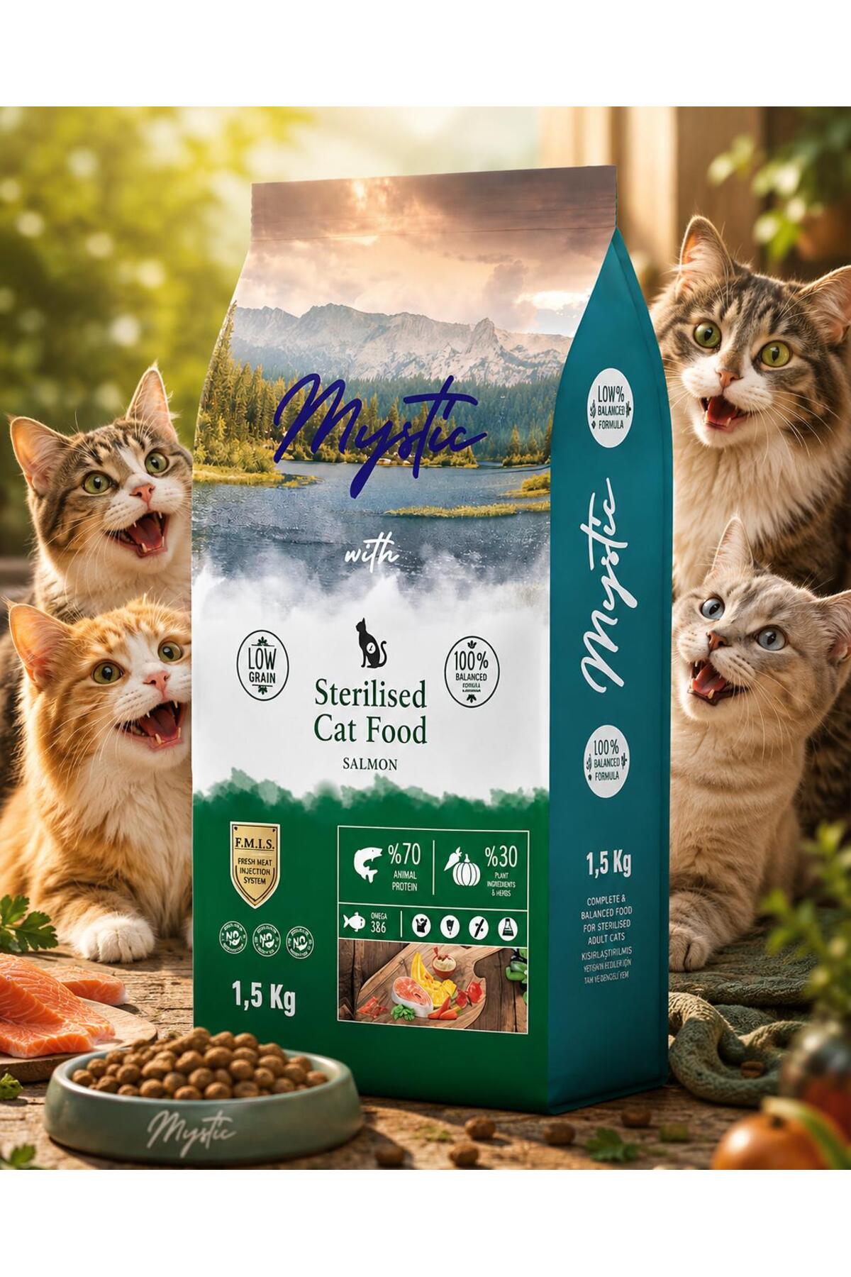 غذای خشک گربه بالغ عقیم‌شده میستیک Mystic، کم‌غلات با طعم سالمون، ۱٫۵ کیلوگرم 1,5 kg