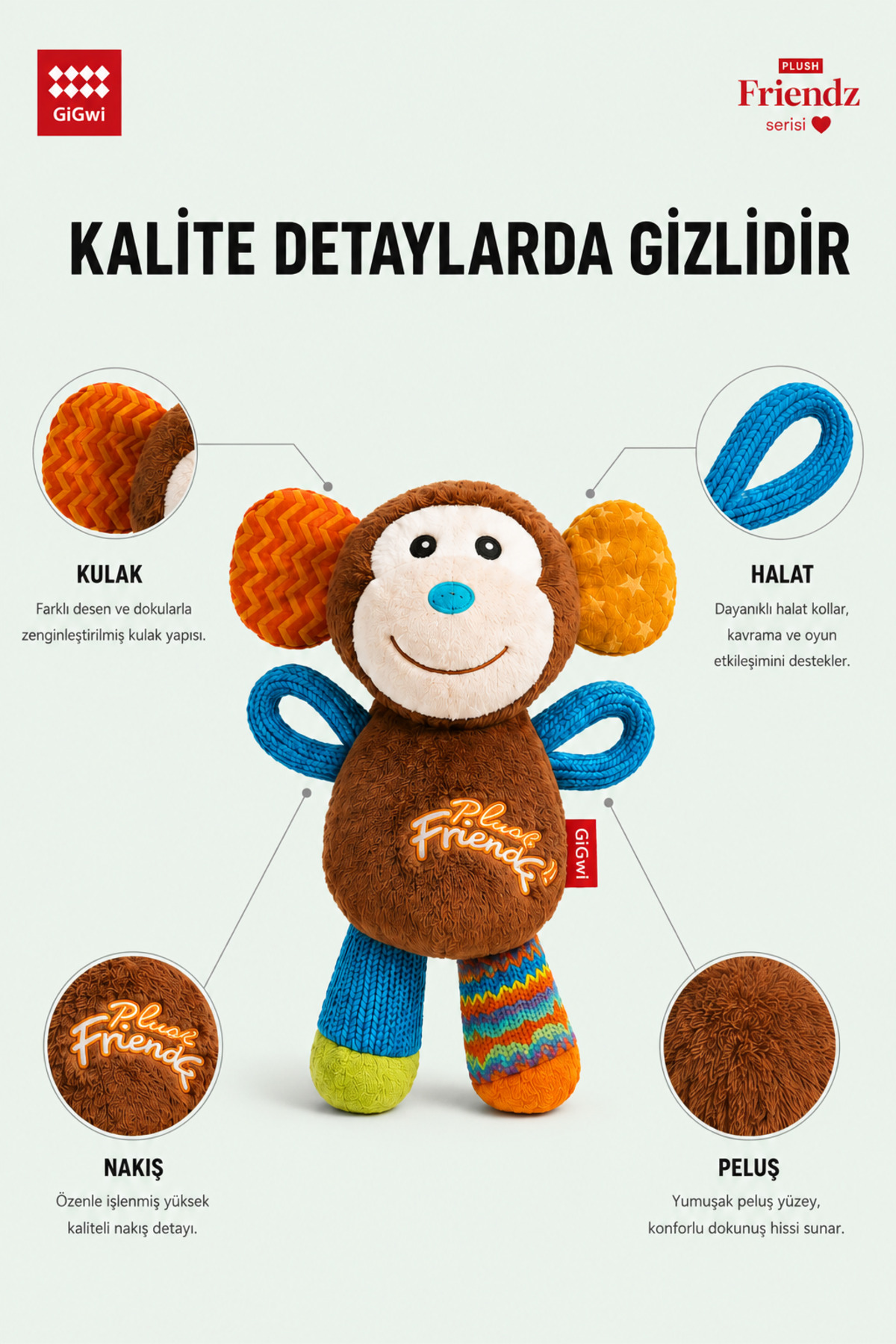 اسباب‌بازی پولیشی سگ به شکل میمون، گیگ‌وی Gigwi، سری Plush Friendz، مدل 6286، قهوه‌ای