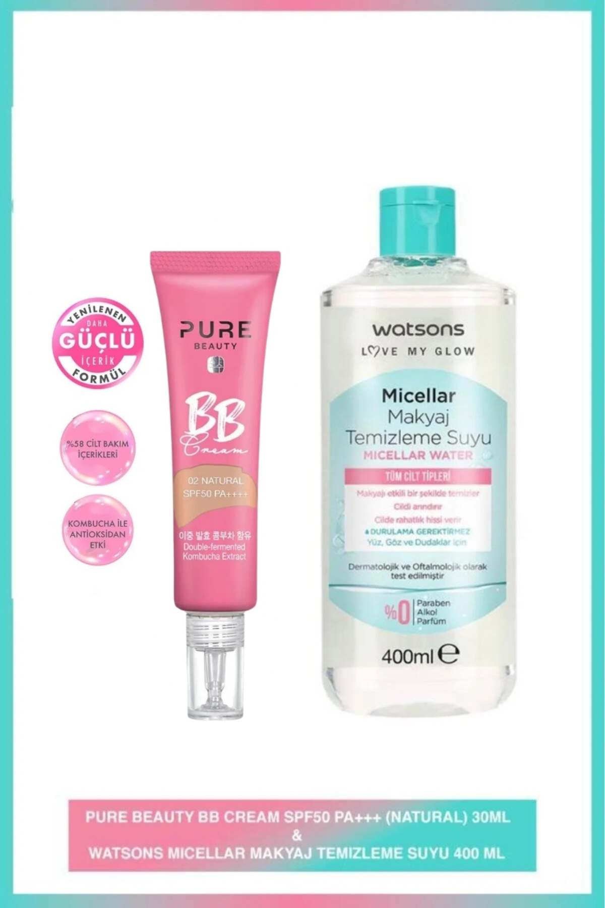 کرم BB پیور بیوتی SPF50 نچرال 30 میلی‌لیتر + آب پاک‌کننده آرایش میسلار واتسونز 400 میلی‌لیتر