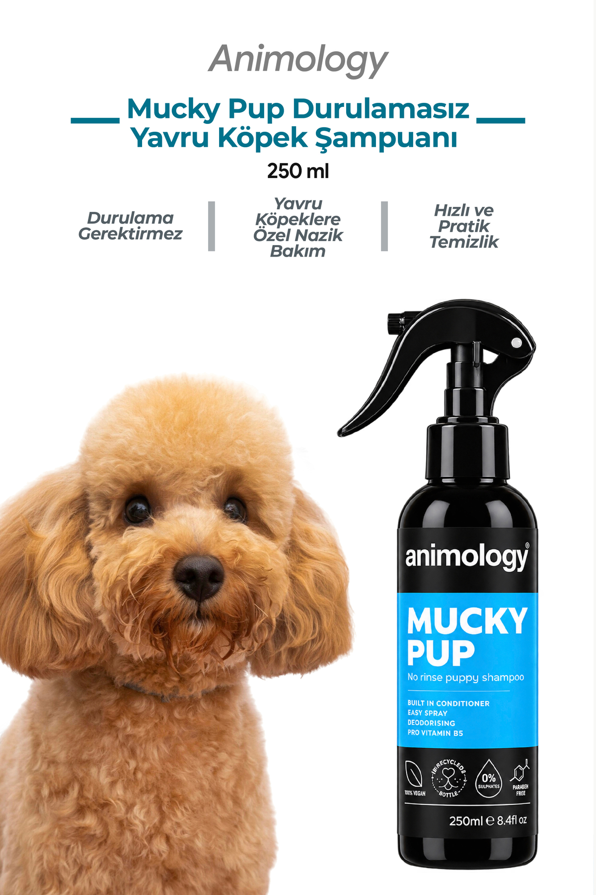 شامپوی اسپری توله‌سگ انیمولوژی Animology Mucky Pup بدون نیاز به آبکشی، ۲۵۰ میلی‌لیتر