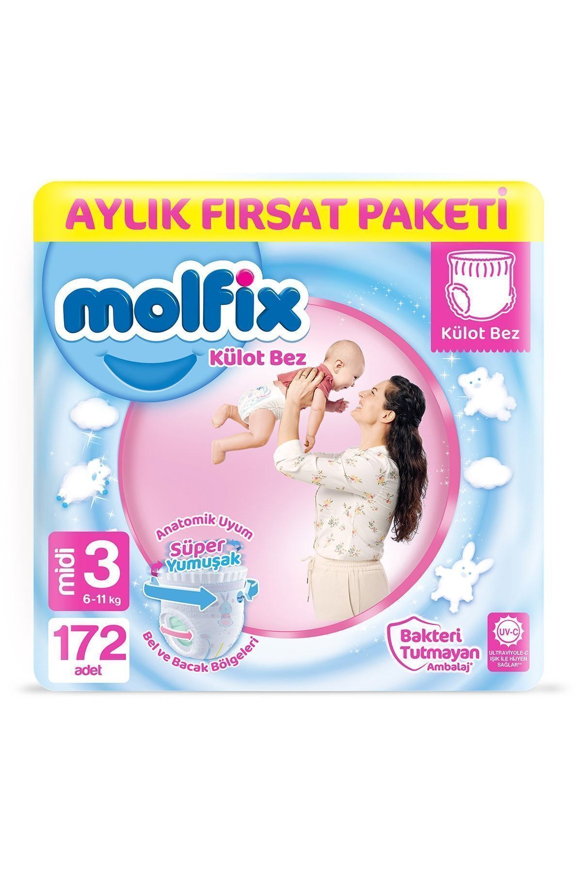 پوشک بچه شورتی 3 سایز میدی بسته فرصت ماهانه 172 عدد اورجینال Molfix