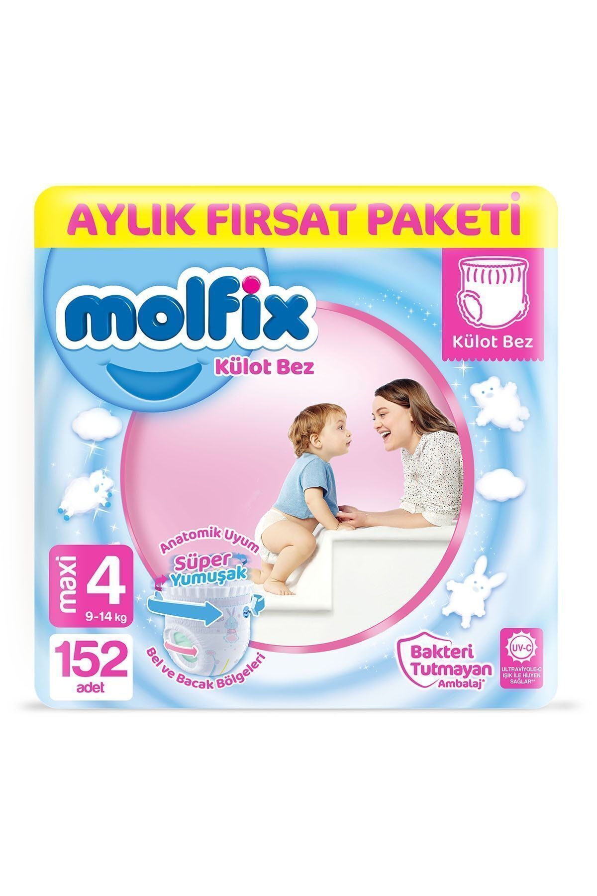 پوشک بچه شورتی 4 سایز ماکسی بسته فرصت ماهانه 152 عدد اورجینال Molfix