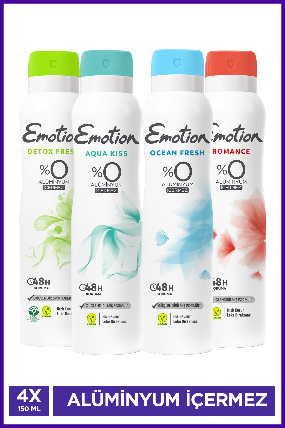 ست دئودورانت وگان زنانه Emotion 4x150 میلی‌لیتر (Ocean Fresh, Aqua Kiss, Detox, Floral Fresh)