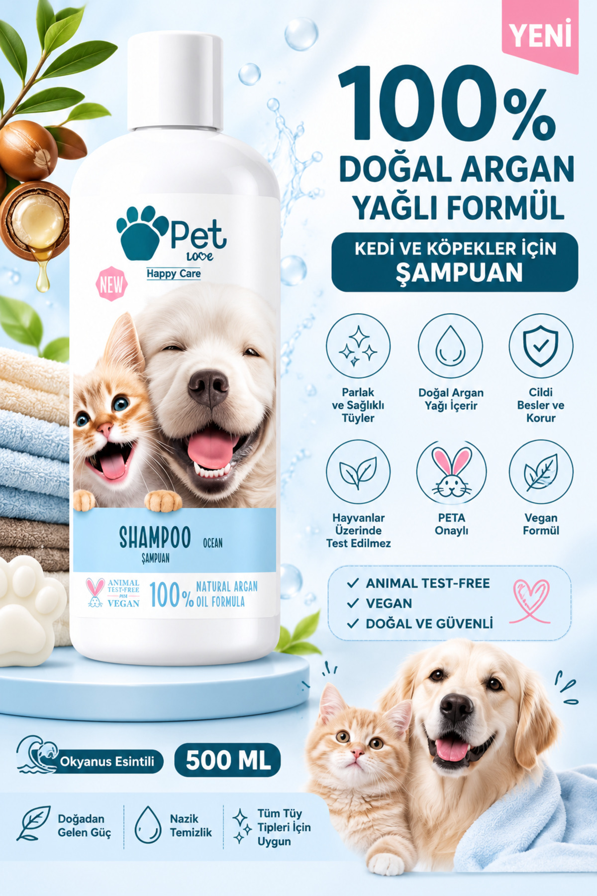 شامپو سگ و گربه پت لاو Pet Love، ۵۰۰ میلی‌لیتر، با روغن آرگان و رایحه نسیم اقیانوس