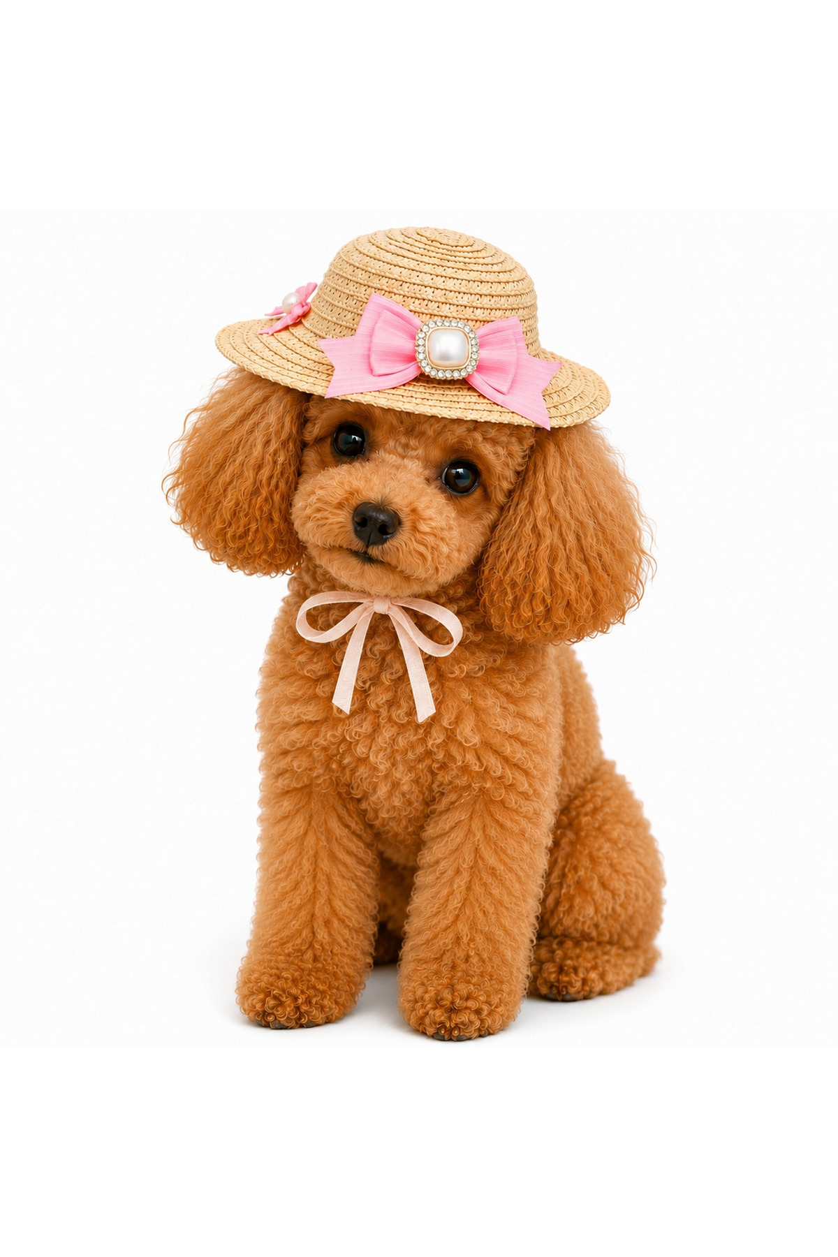 کلاه حصیری سگ دولچه پتس Dolce Pets با پاپیون مرواریدی، صورتی، مدل DPFHS01