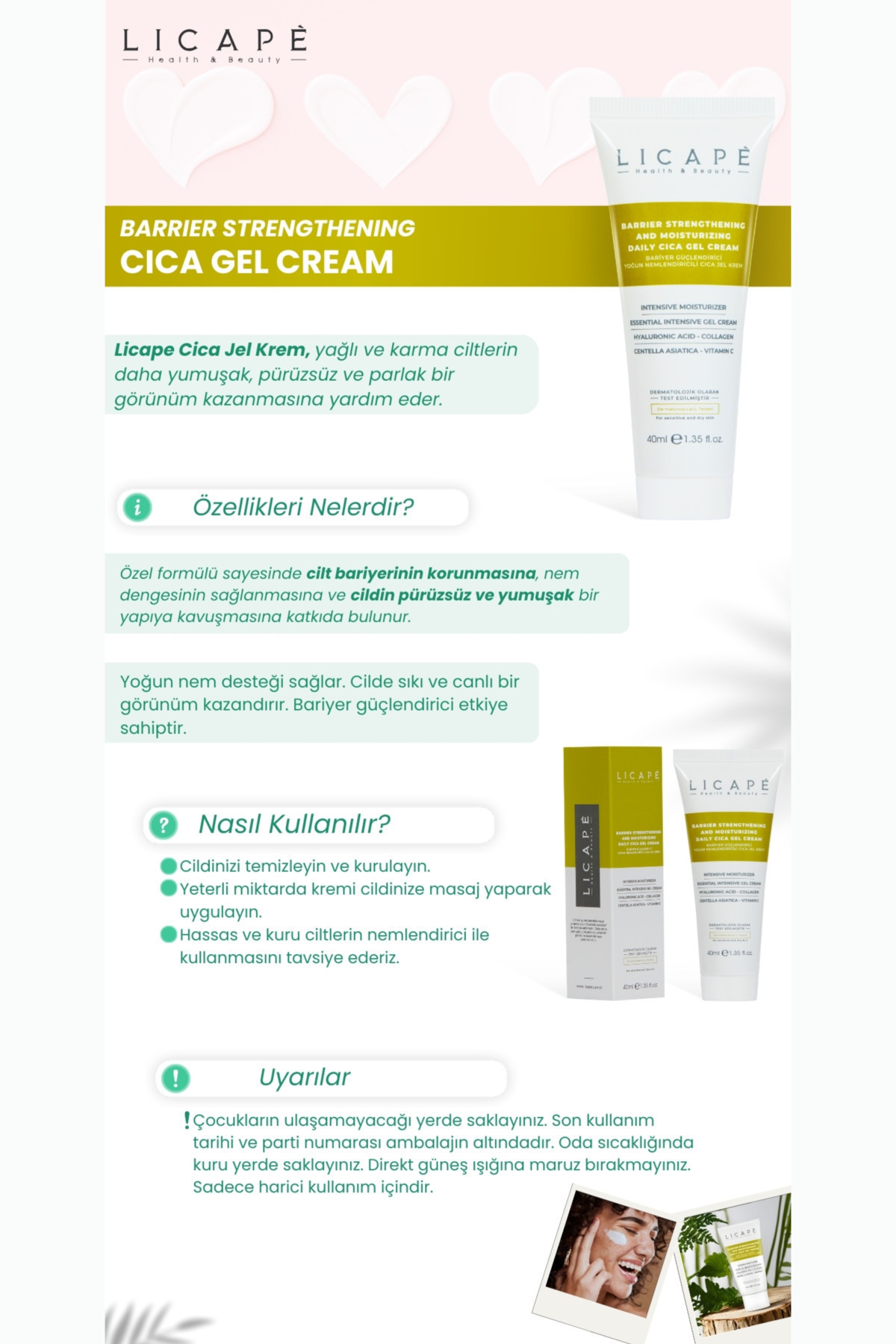 کرم صورت Cica ژل مرطوب کننده قوی با حجم 40 میلی لیتر Licape