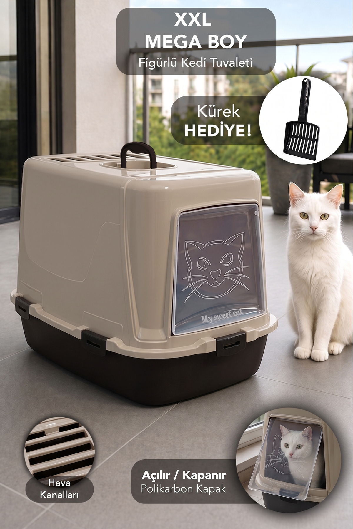 توالت گربه دربسته XXL Mega ملنی هوم Meleni Home، فیلتر بو و بیلچه همراه، بژ (MCH-4203)