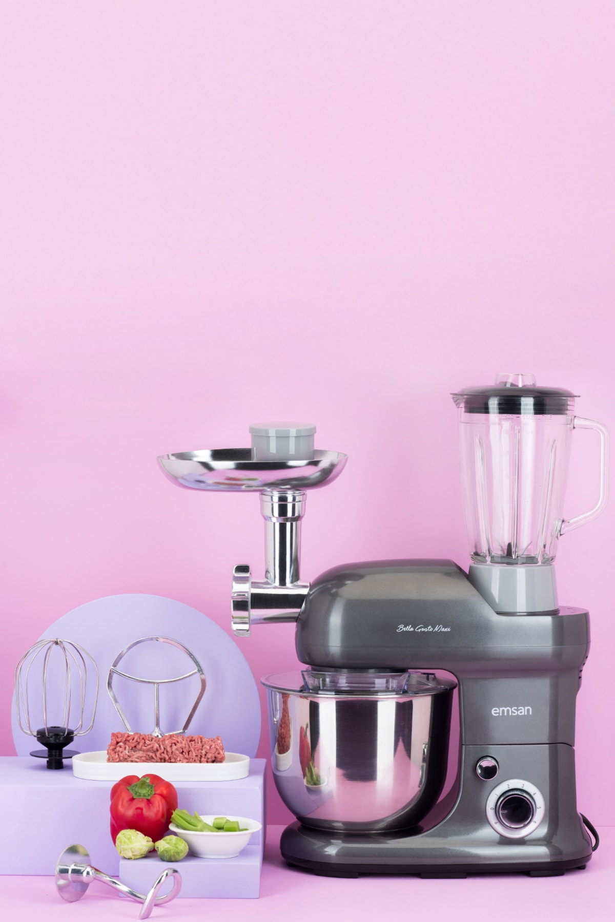 میکسر و ست استند آنتراسیت BELLA GUSTO MAXI ANTHRACITE KITCHEN CHEF 1300W 5 LT اورجینال Emsan