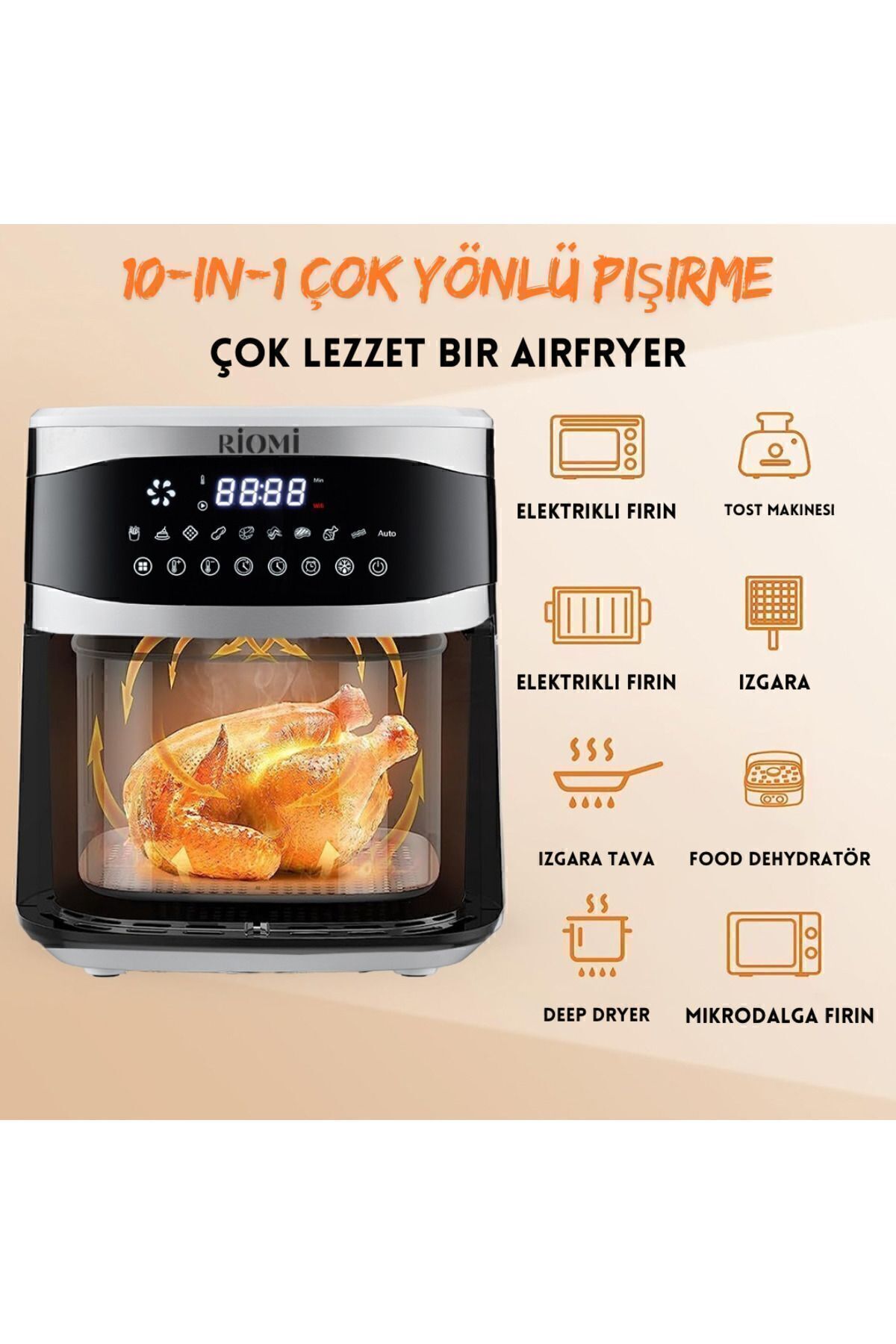 سرخ کن SMART AIR FRYER PRO6 STEEL WIFI 7.5 لیتری XXL سفید اورجینال RİOMİ