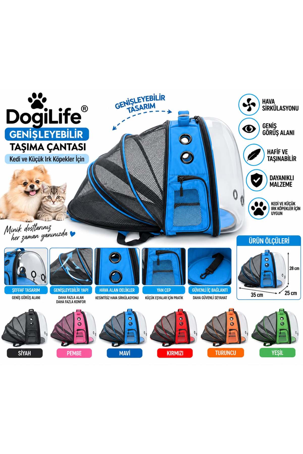کیف حمل گربه و سگ نژاد کوچک داگی Doggie DogiLife، قابل‌گسترش، شفاف و آبی