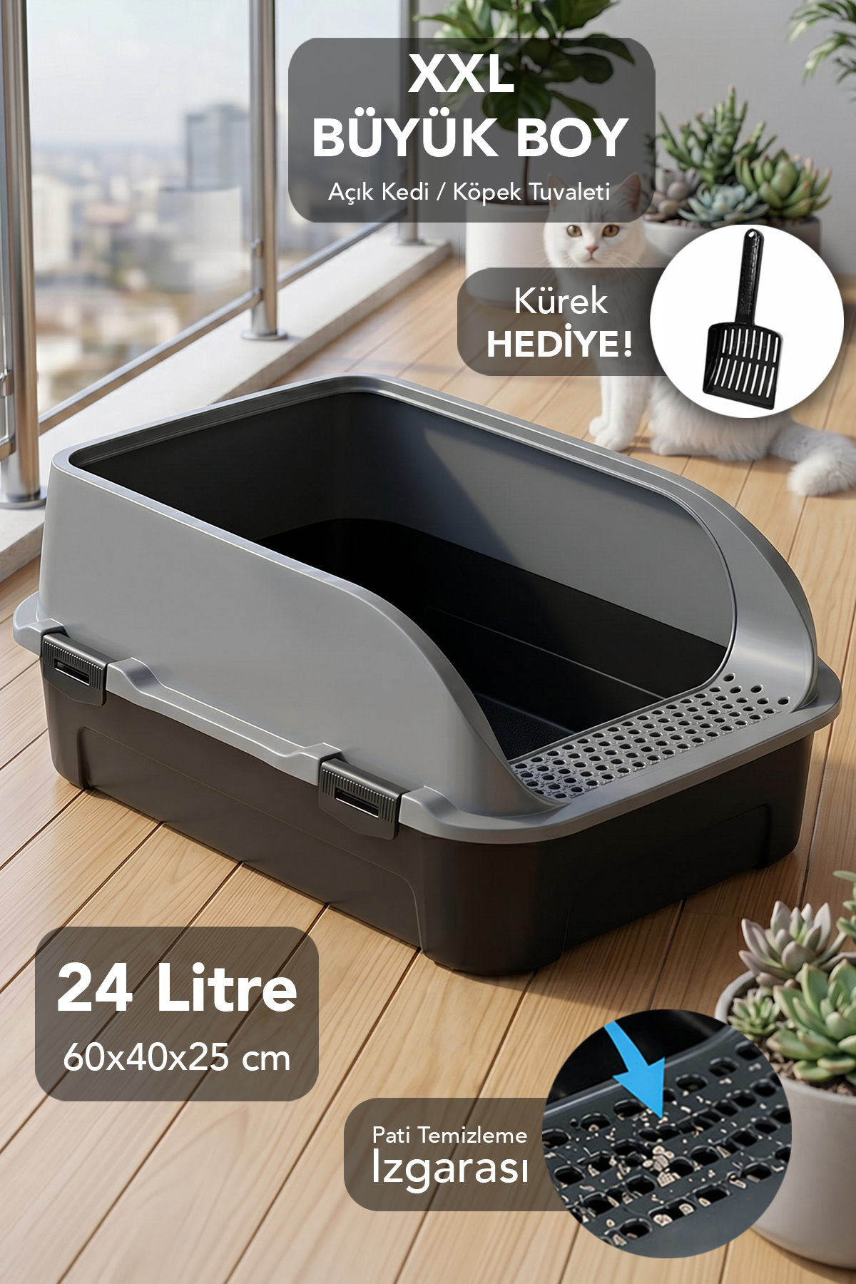ظرف خاک گربه روباز XXL مدل MCH-4195، خاکستری، ۶۰×۴۲×۲۵ سانتی‌متر، ملنی هوم Meleni Home