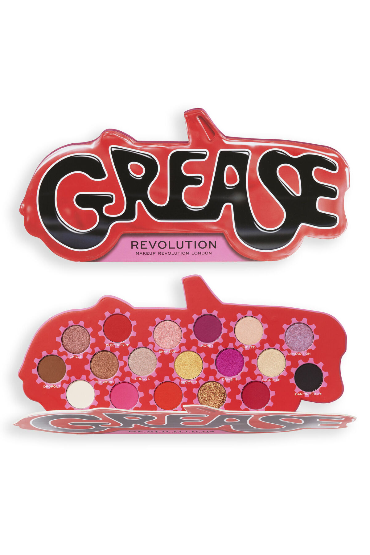 سایه چشم GREASE X MAKEUP REVOLUTION این کلمه PALETTE EYESHADOW است پالت چراغ جلو Revolution