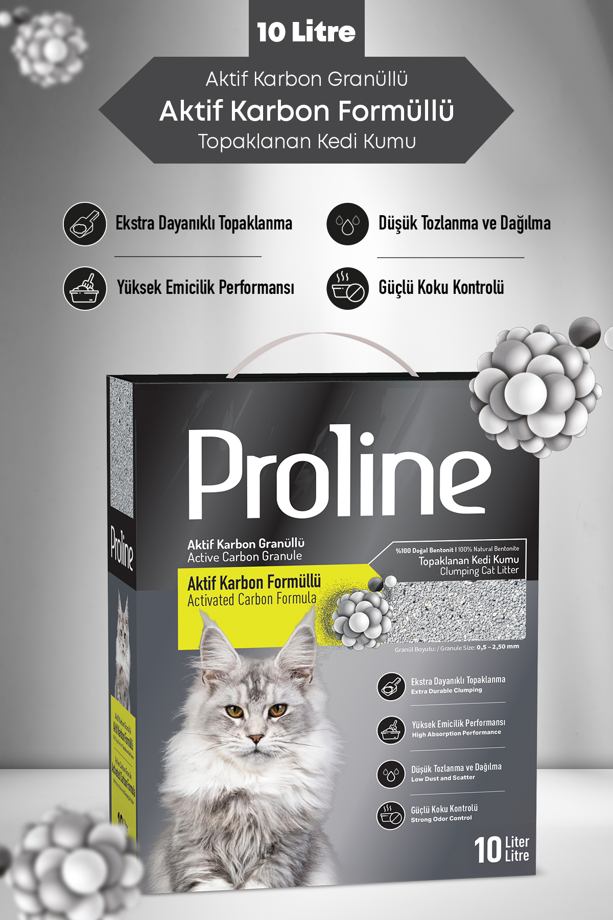 خاک گربه بنتونیتی دانه‌ریز پرولاین Proline با کربن فعال، ۱۰ لیتر