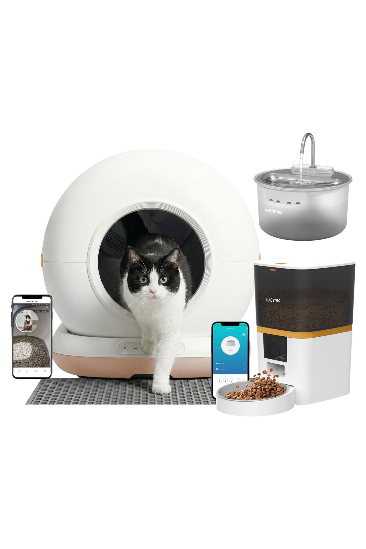 ست توالت خودکار هوشمند دوربین‌دار و ظرف غذای گربه هاوستایر Haustier، CB002، QQ003، WF009LS، مدل HST-SET98