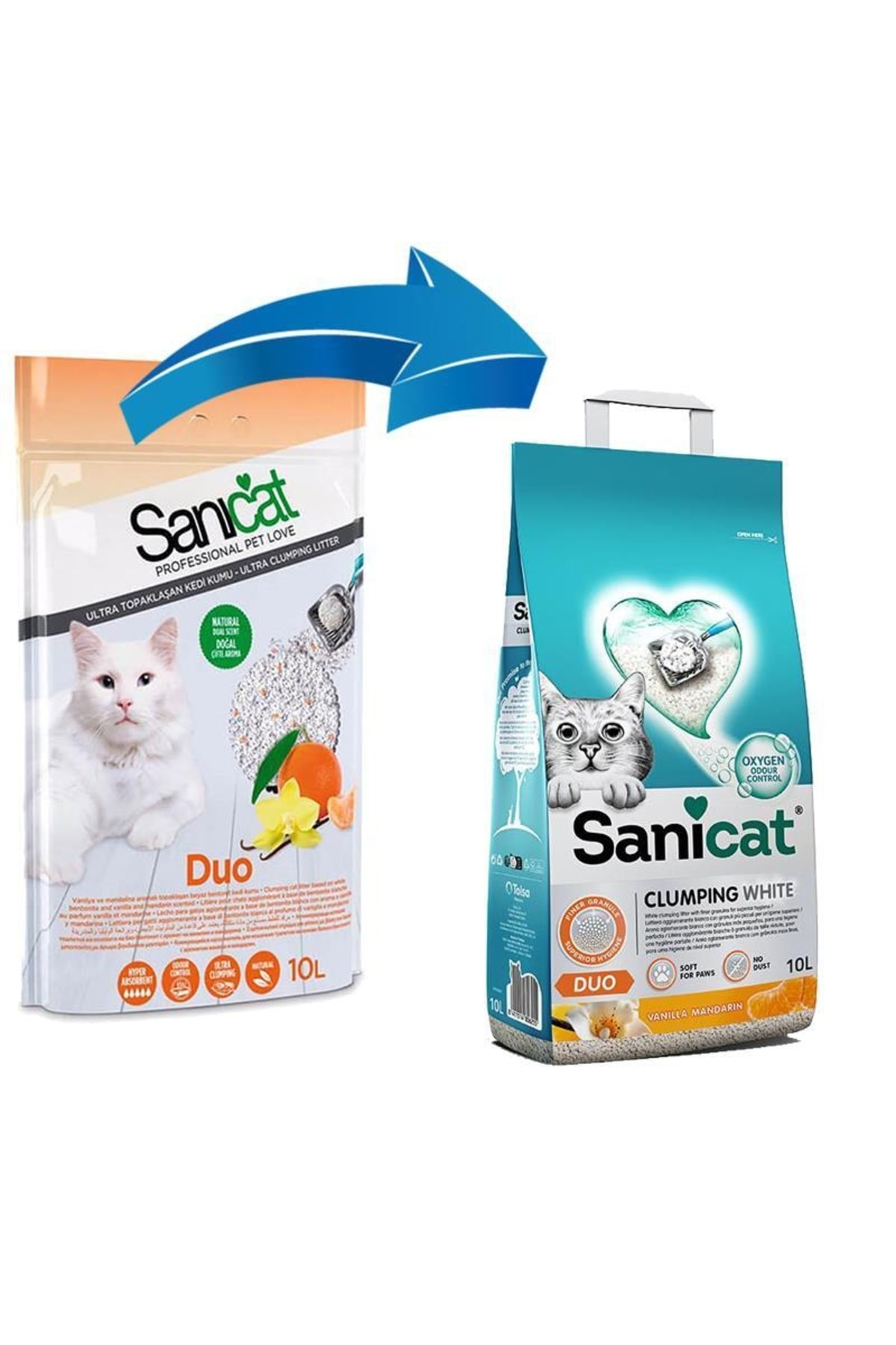 خاک گربه طبیعی سانیکت Sanicat Duo، بنتونیتی، با رایحه وانیل و ماندارین، ۲×۱۰ لیتر