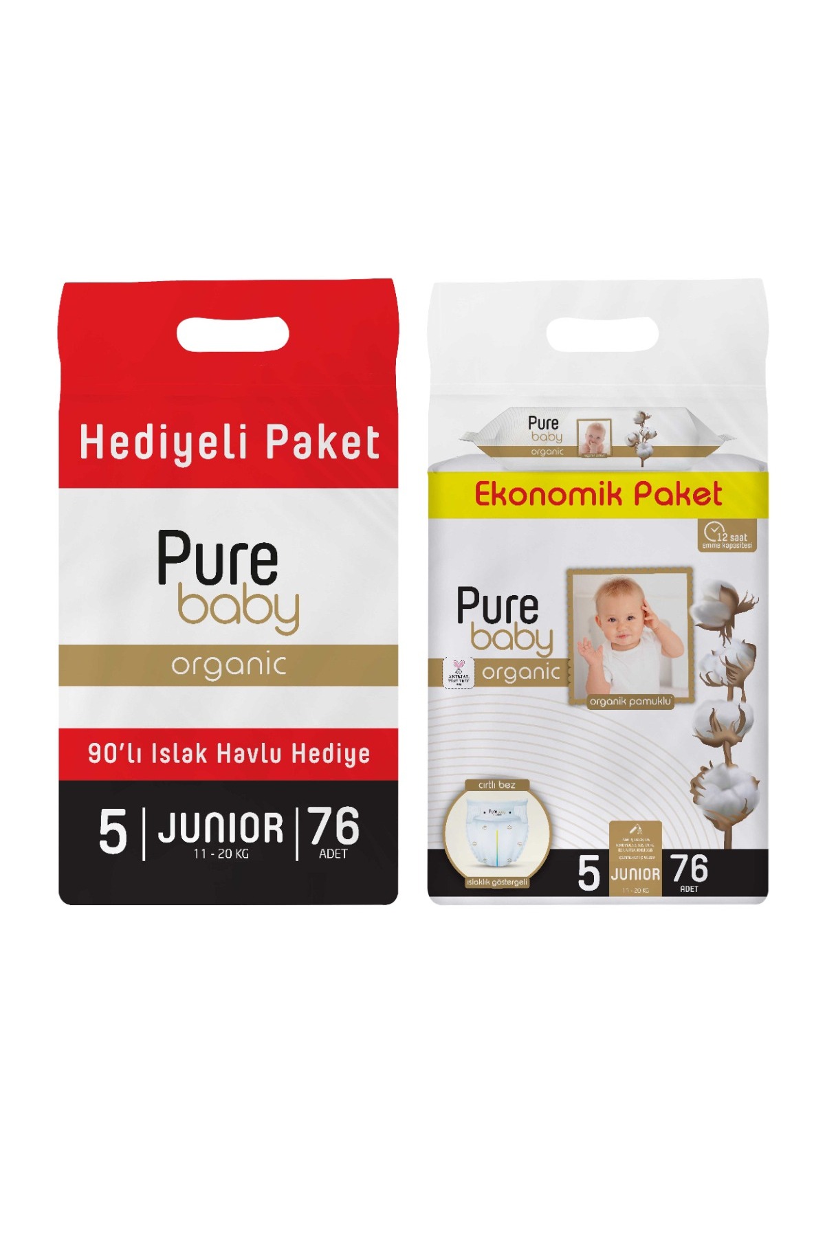 پوشک بچه پارچه پارچه‌ای نخی ارگانیک سایز 5 جونیور 76 حوله خیس پنبه‌ای 90 برگ اورجینال Pure Baby