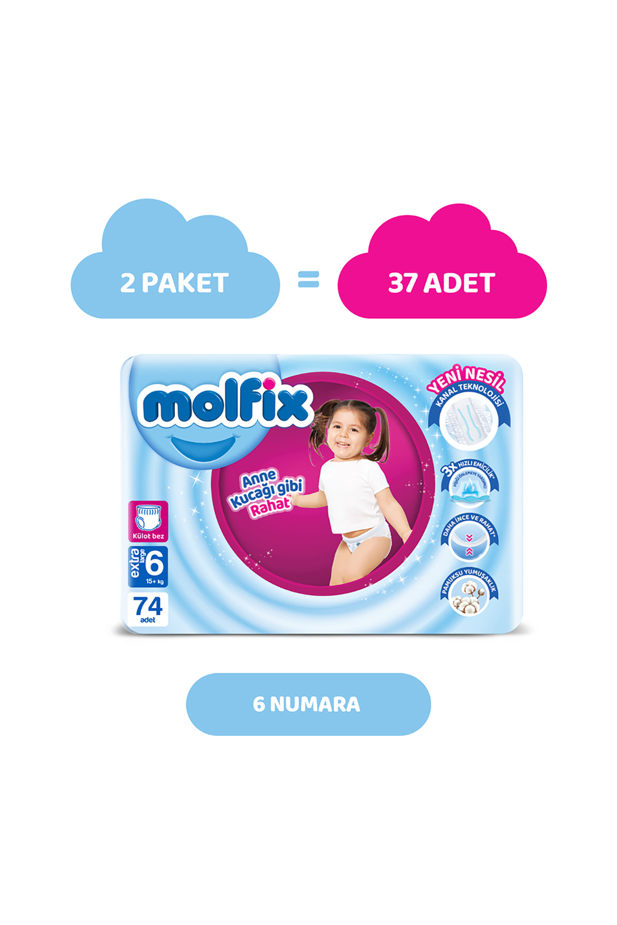 پوشک بچه شلوار سایز 6 E.پکیج مزیت ماهانه بزرگ 74 عدد اورجینال Molfix