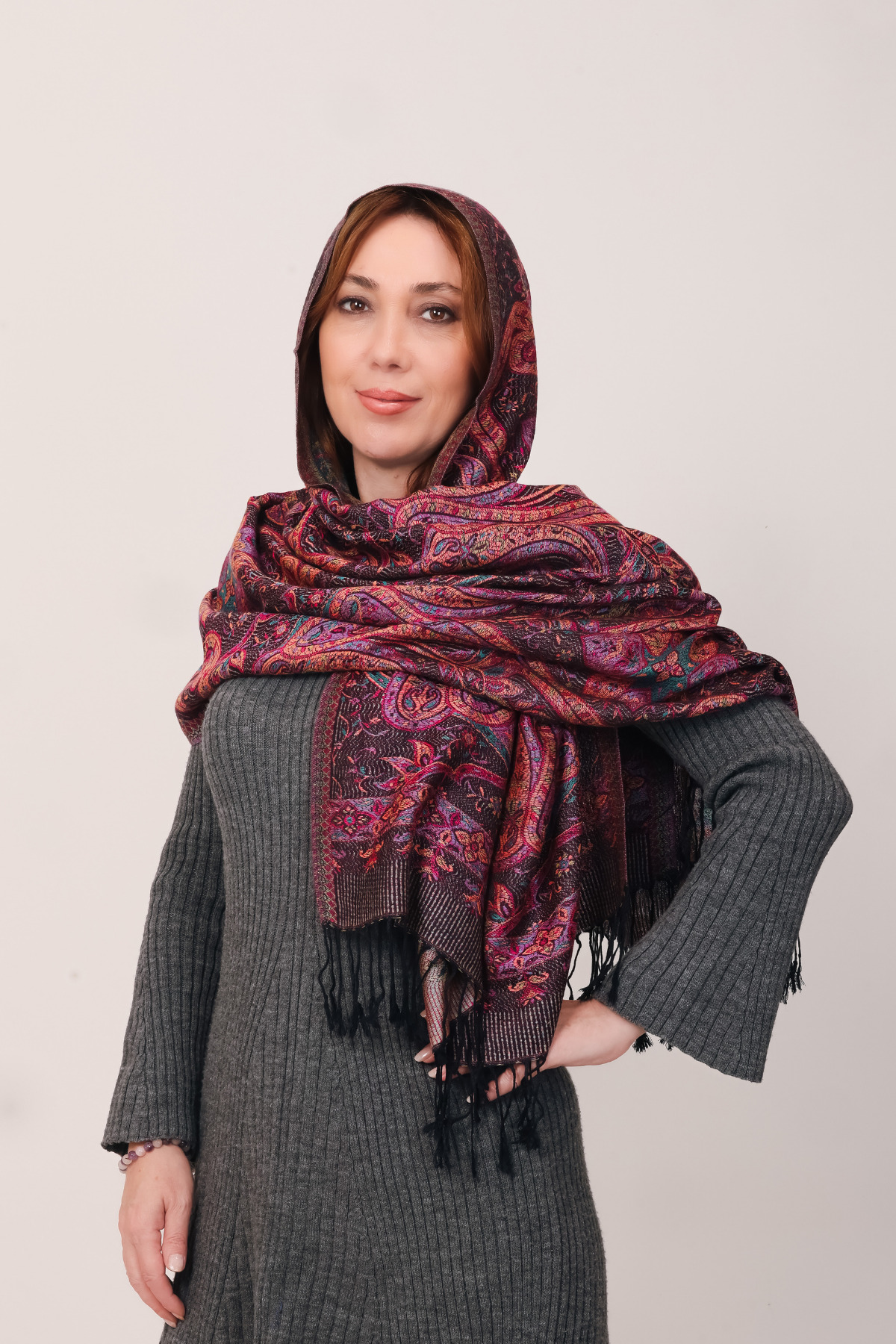 شال زنانه ابریشمی دوطرفه میستیک Mystic، بنفش آلویی و خاکستری، ۷۰×۱۹۰ سانتی‌متر