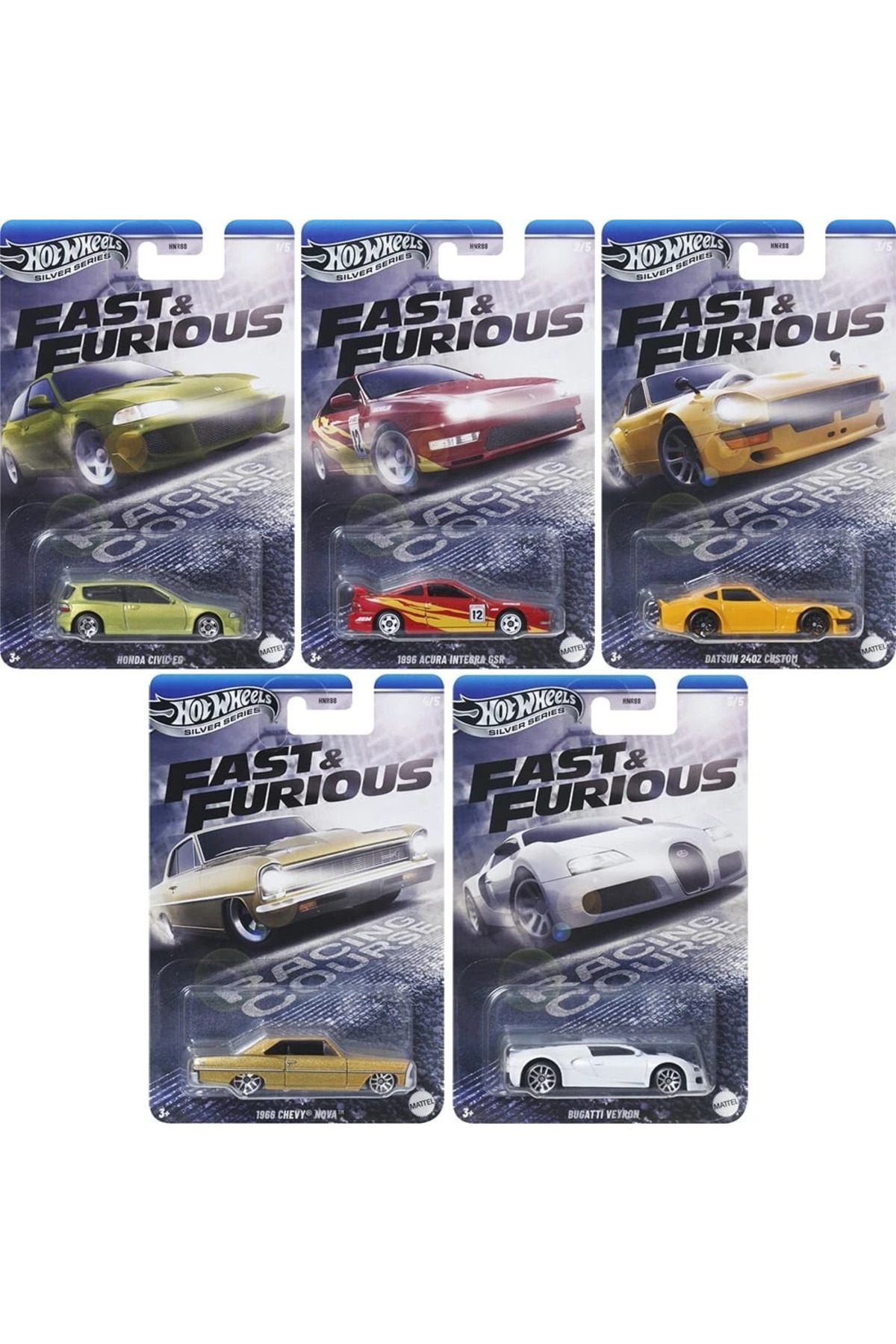 ماشین اسباب بازی مجموعه مسابقات 5 تایی LONG KART FAST & FURIOUS CIVIC INTEGRA 240Z NOVA VEYRON از ترکیه HOT WHEELS
