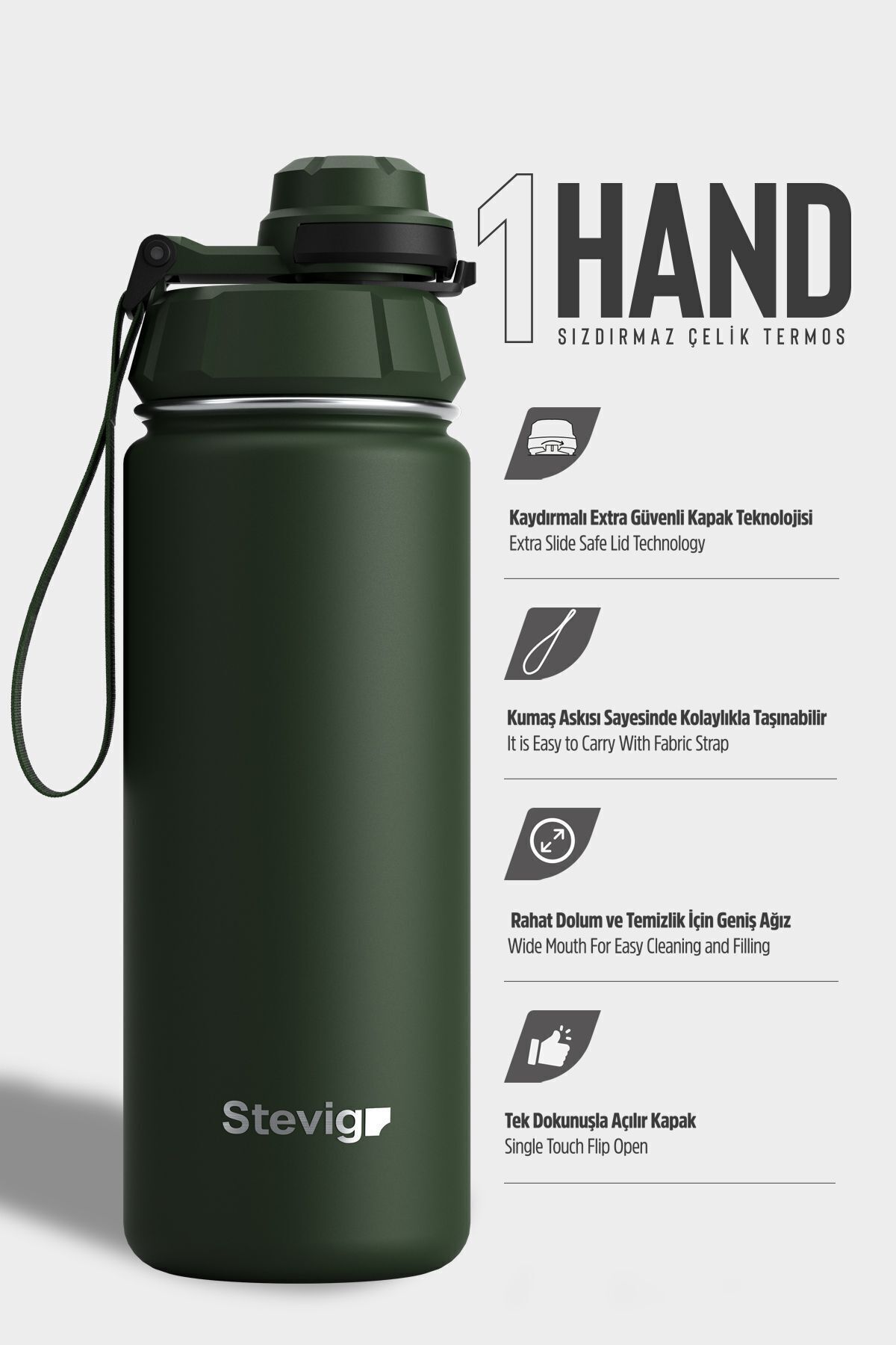فلاسک 1 قمقمه فولادی ضد نشتی دستی 500 میلی لیتری GREEN ST 208 اورجینال Stevig
