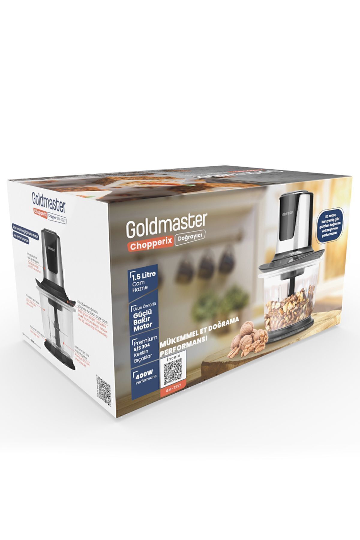 خردکن و غذا ساز CHOPPERIX INOX 1.5 لیتری کاسه شیشه ای بزرگ 4 تیغه فولاد ضد زنگ RONDO CHOPPER GM7297 اورجینال GoldMaster