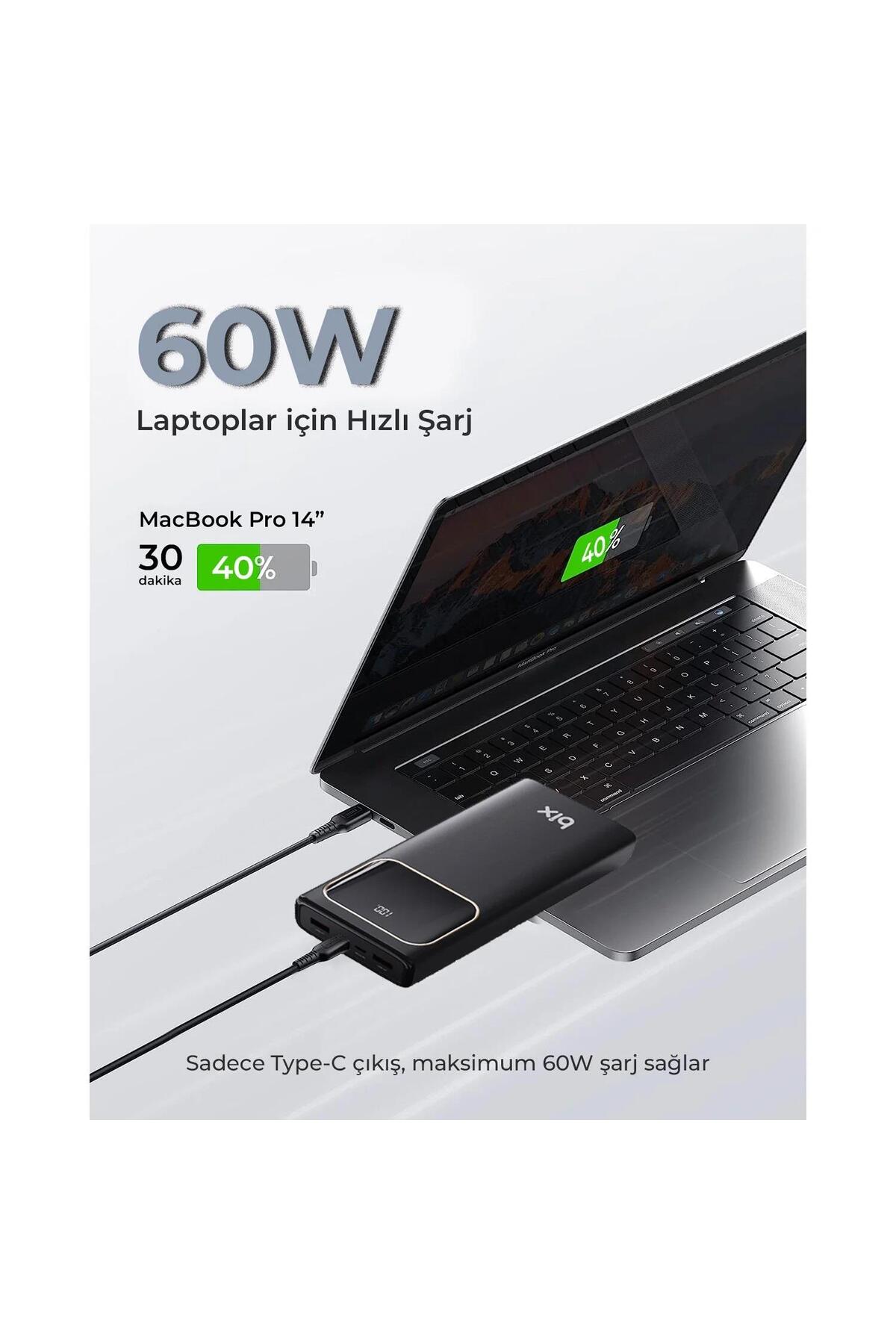 پاوربانک PB303 30000MAH 60W 2 USB و خروجی PD نوع C با پشتیبانی از شارژ سریع نشانگر LED مشکی اورجینال Bix