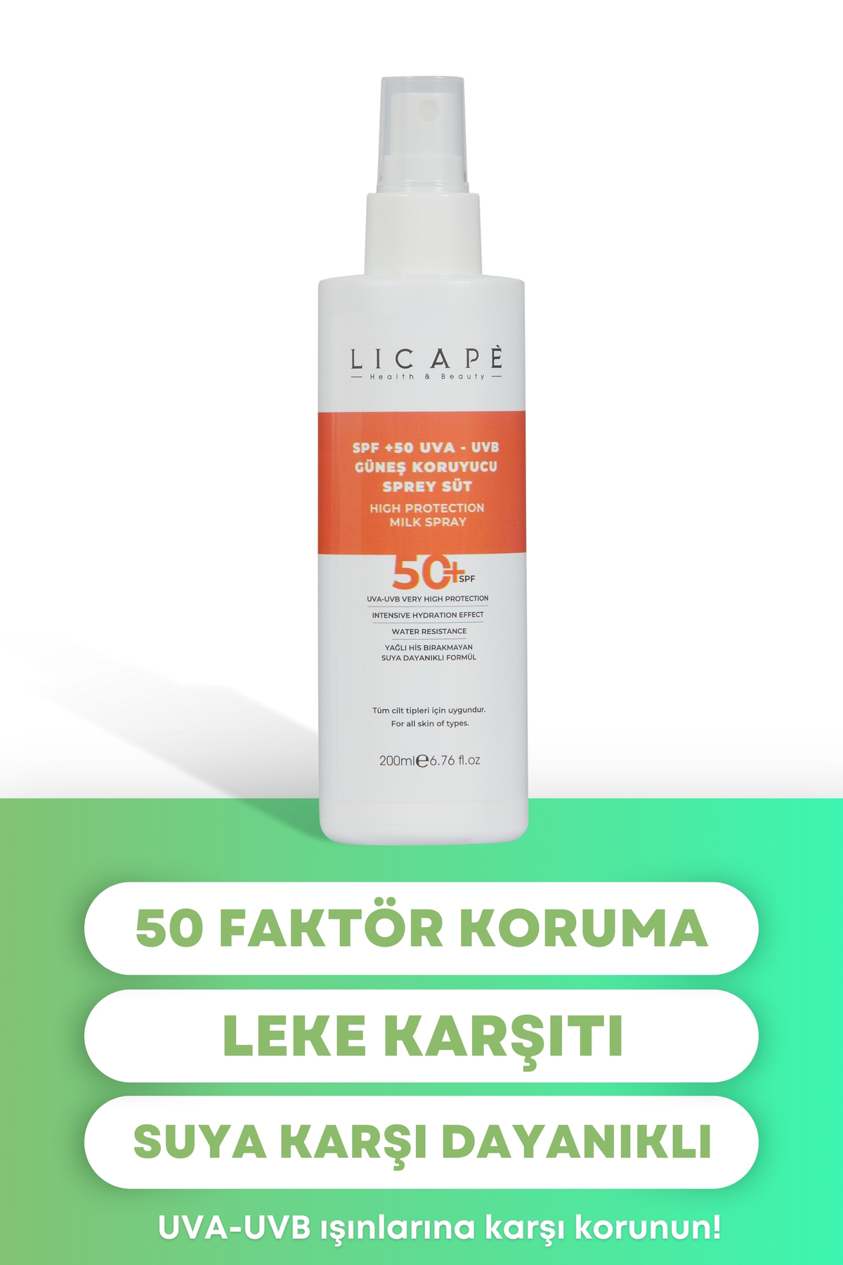 کرم ضد آفتاب بدن SPF 50 فاکتور UVA UVB اسپری شیر 200 میل Licape