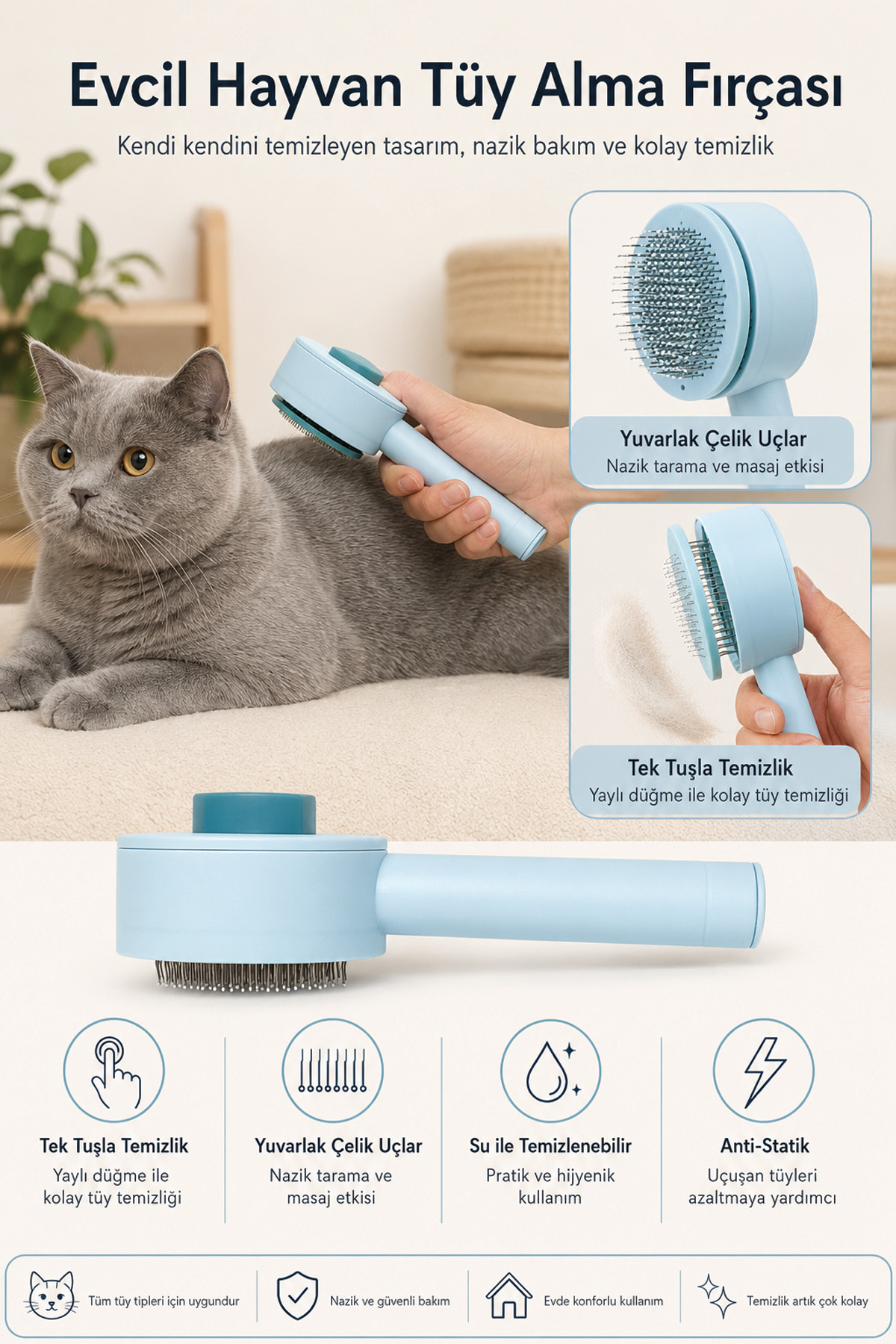 برس جمع‌آوری موی حیوانات خانگی تاینی کیوی‌پتس Tiny Kiwipets مدل KPPC-10821M، آبی، خودتمیزشونده