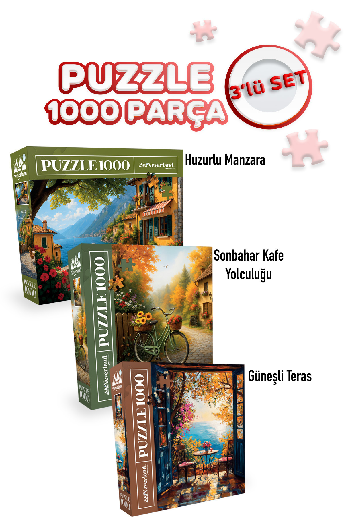 پازل 3 تکه 1000 عدد منظره آرام و سفر کافه پاییزی تراس آفتابی Neverland