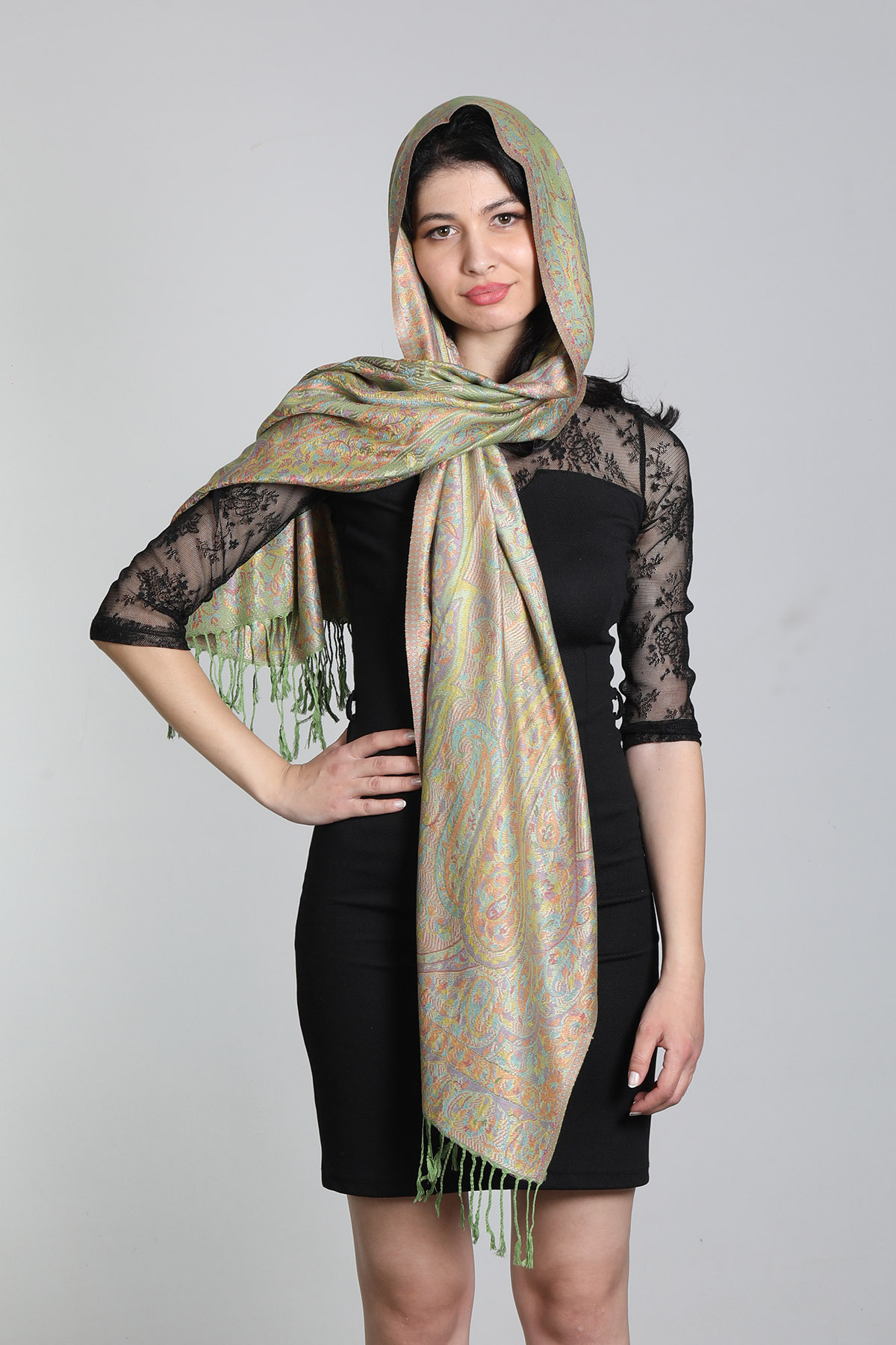 شال زنانه دورو ۱۰۰٪ ابریشم میستیک Mystic مدل MS-406، بژ چندرنگ